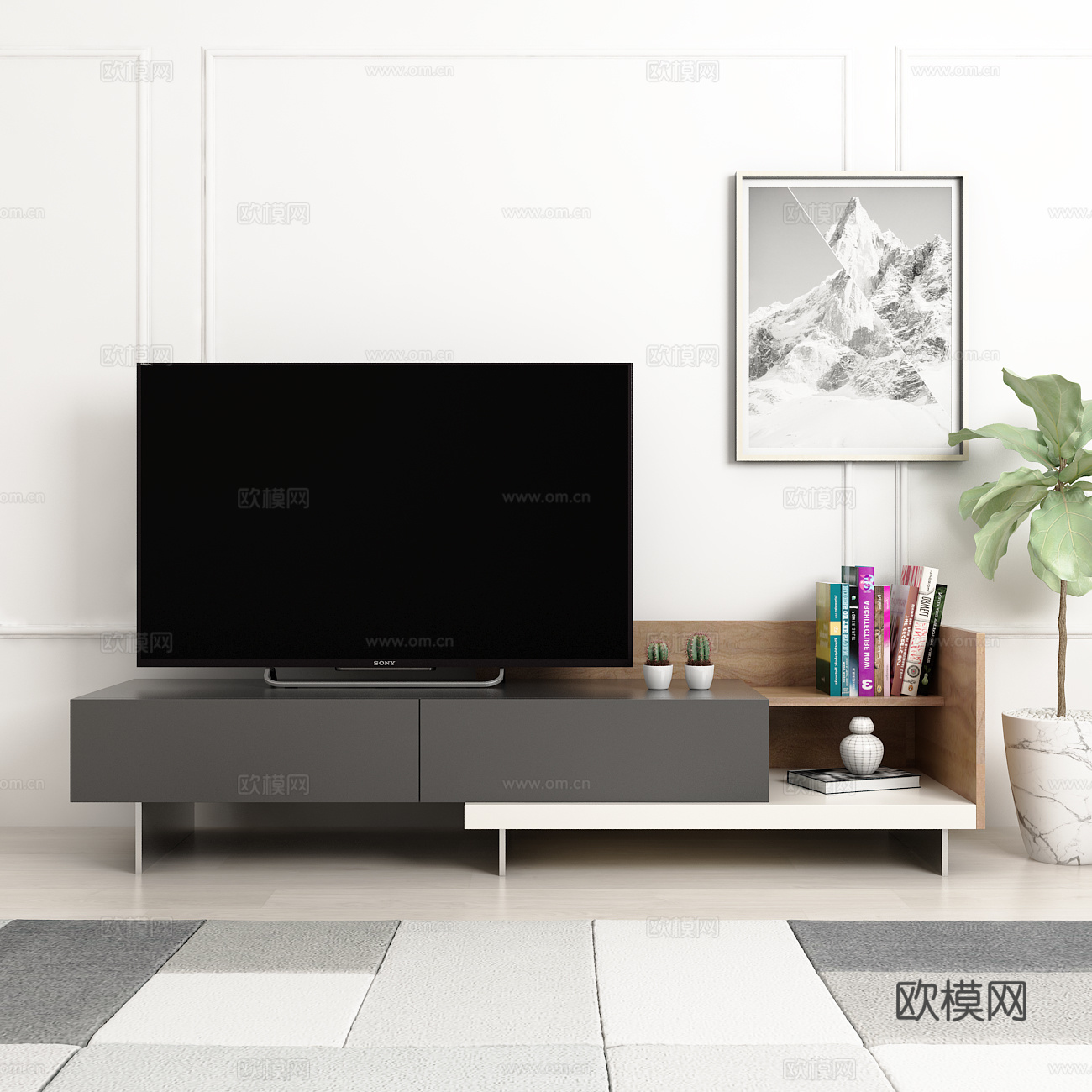 现代电视柜 绿植 挂画 饰品摆件 地毯模型3d模型