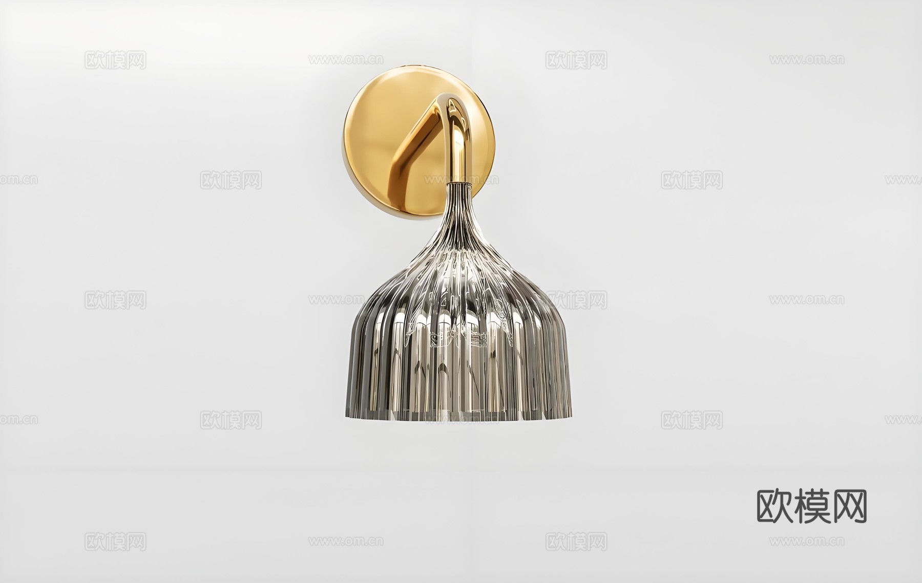 现代极简金属壁灯 银纹锥形灯罩 圆形金基座 竖线纹理su模型