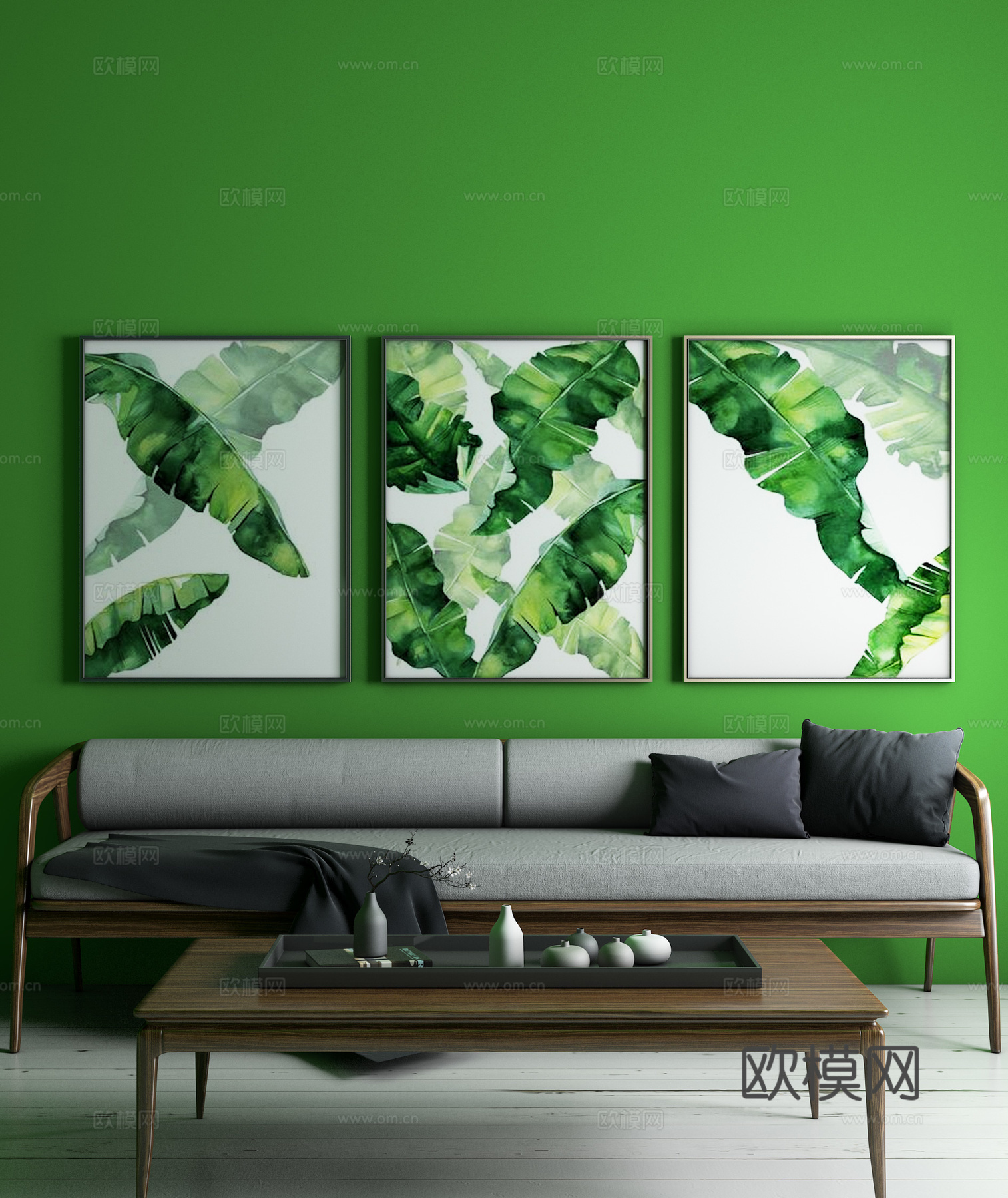现代沙发 茶几 挂画 吊灯 现代植物框画 挂画 禅意摆件3d模型