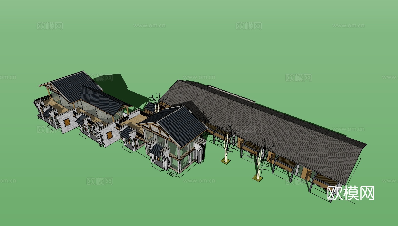 新中式商业街民宿建筑su模型