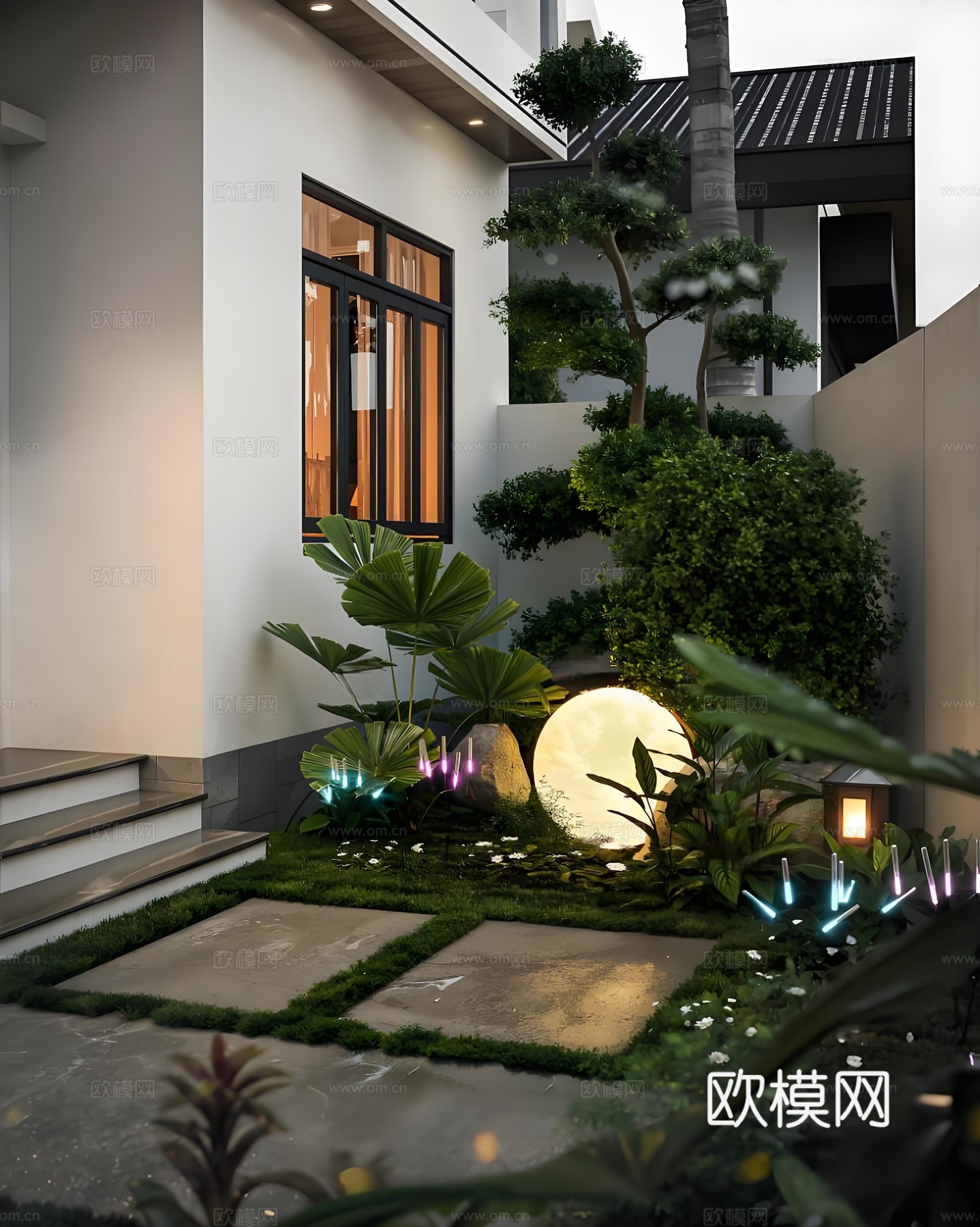 ​​现代简约别墅建筑外观 双层白墙结构 透光窗户 棕榈树景观su模型
