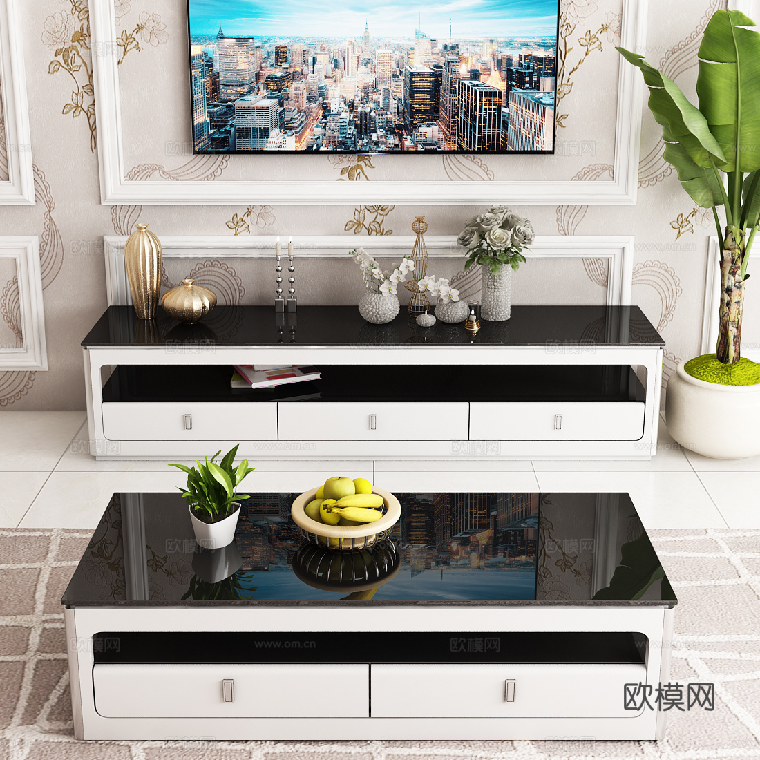 现代电视柜 茶几 绿植 电视饰品模型3d模型下载（渲染图2）