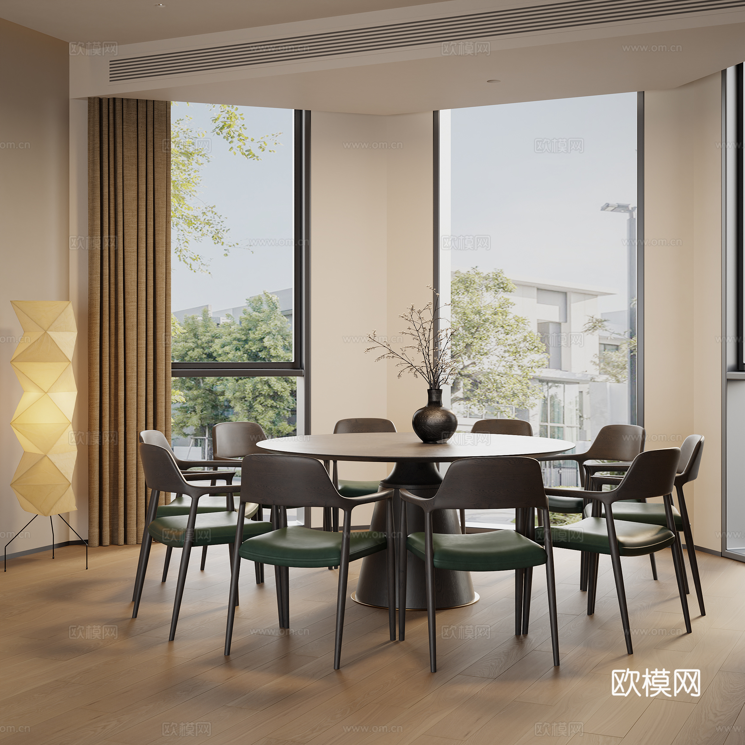 现代休闲桌椅  实木圆桌 皮椅木椅  餐桌椅洽谈桌椅3d模型