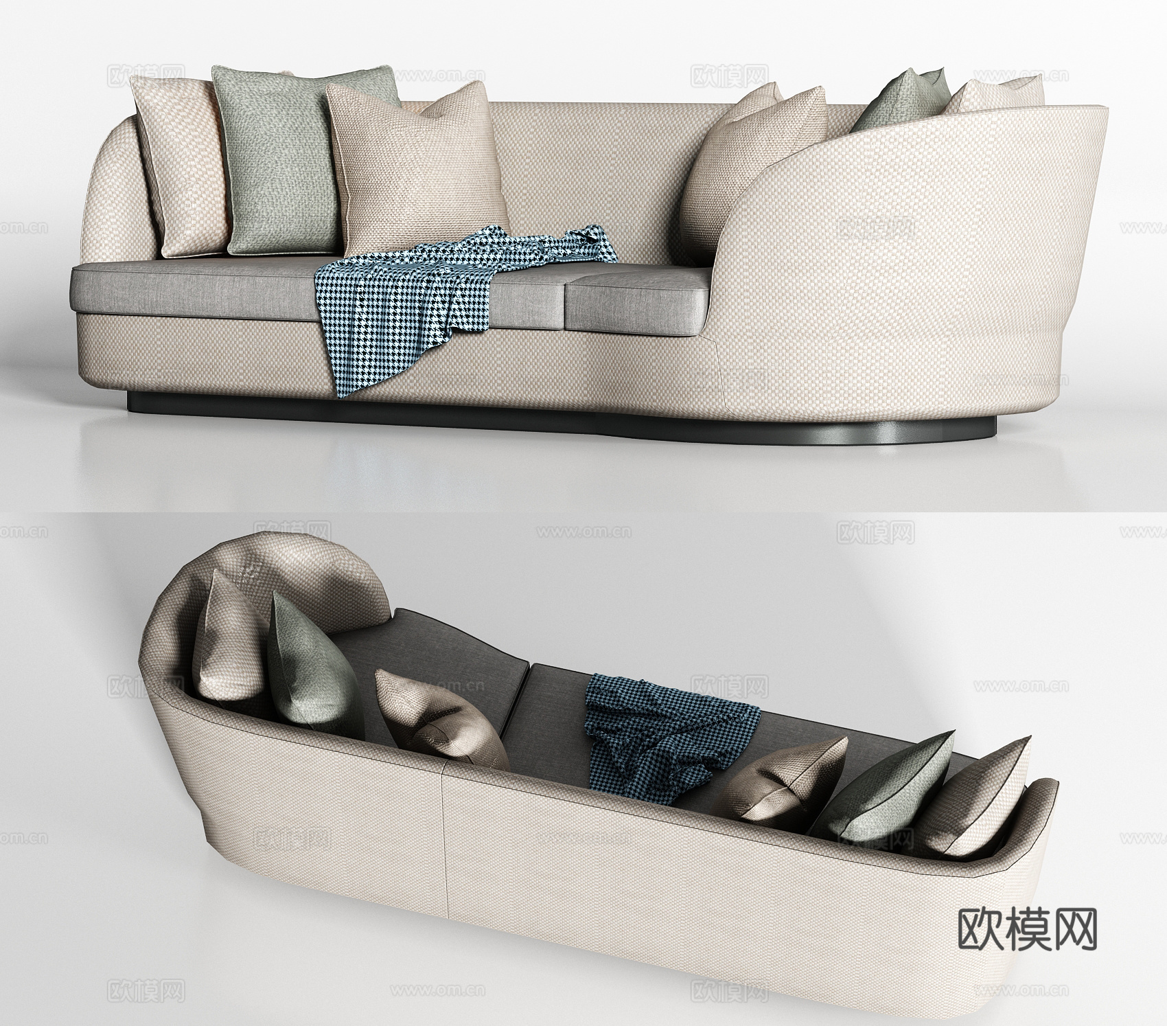 现代弧形布艺双人沙发枕头组合3d模型