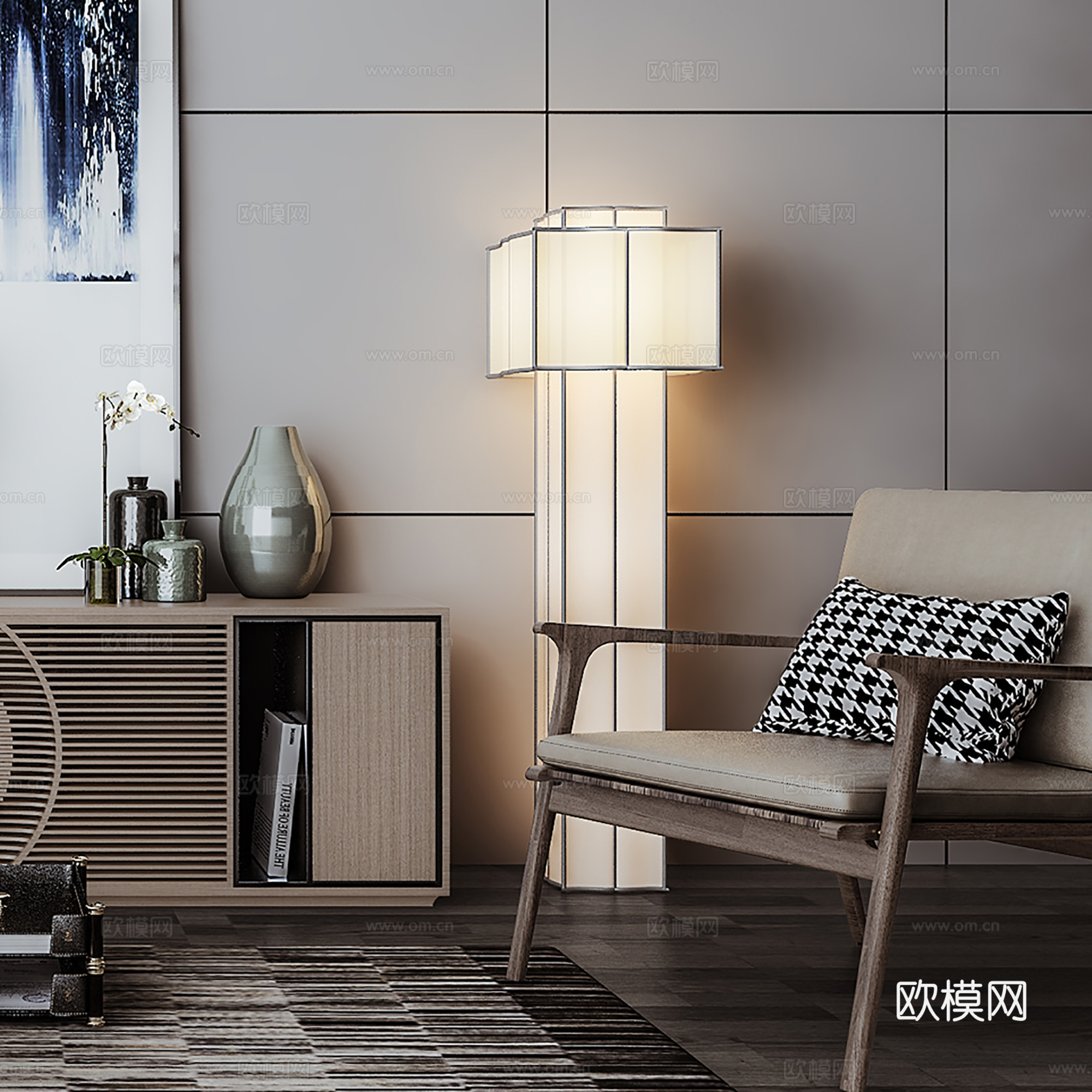 新中式玄关柜装饰品休闲椅植物画落地灯组合3d模型