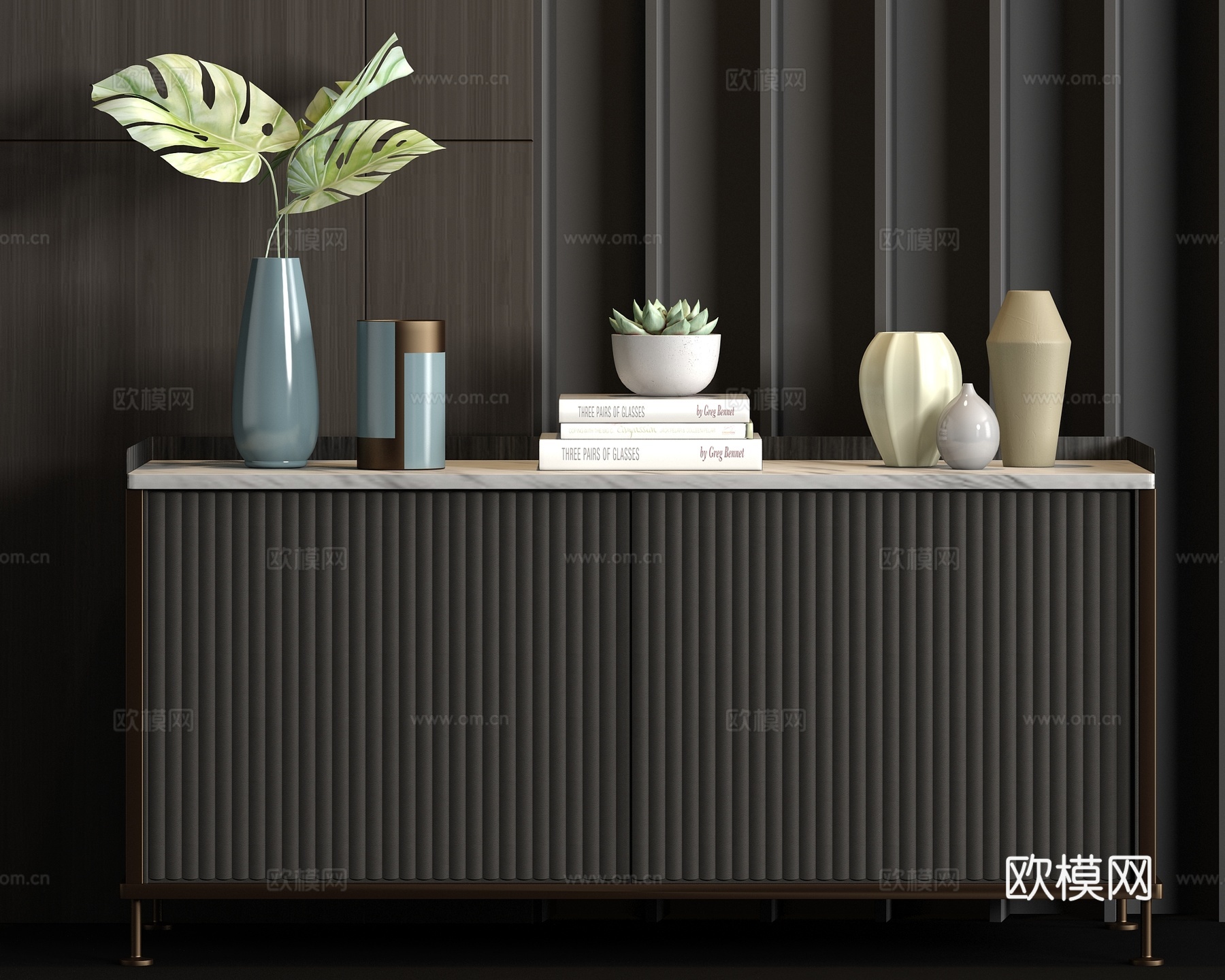 新中式皮革端景柜饰品组合3d模型