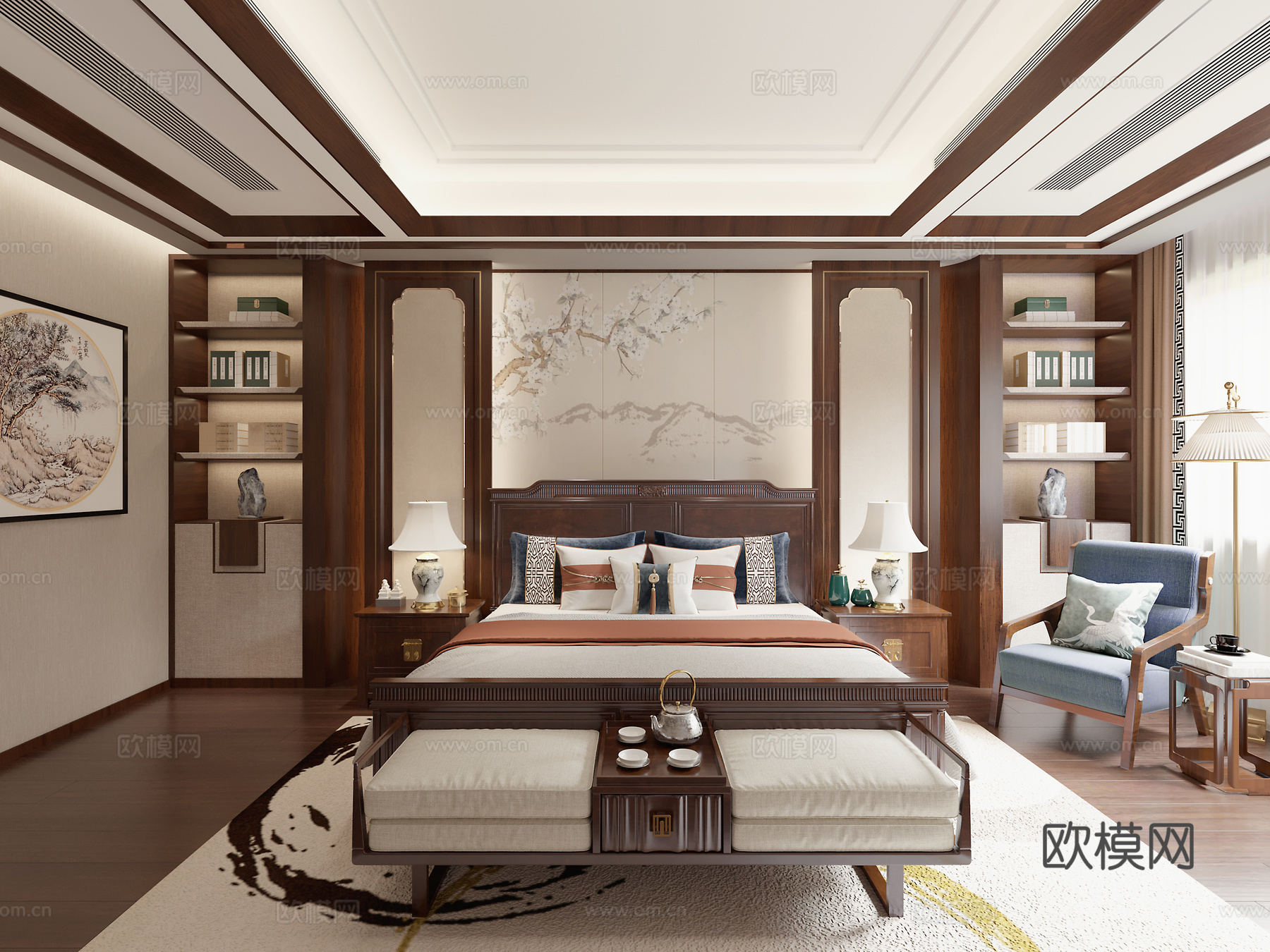 中式床头实木卧室3d模型下载