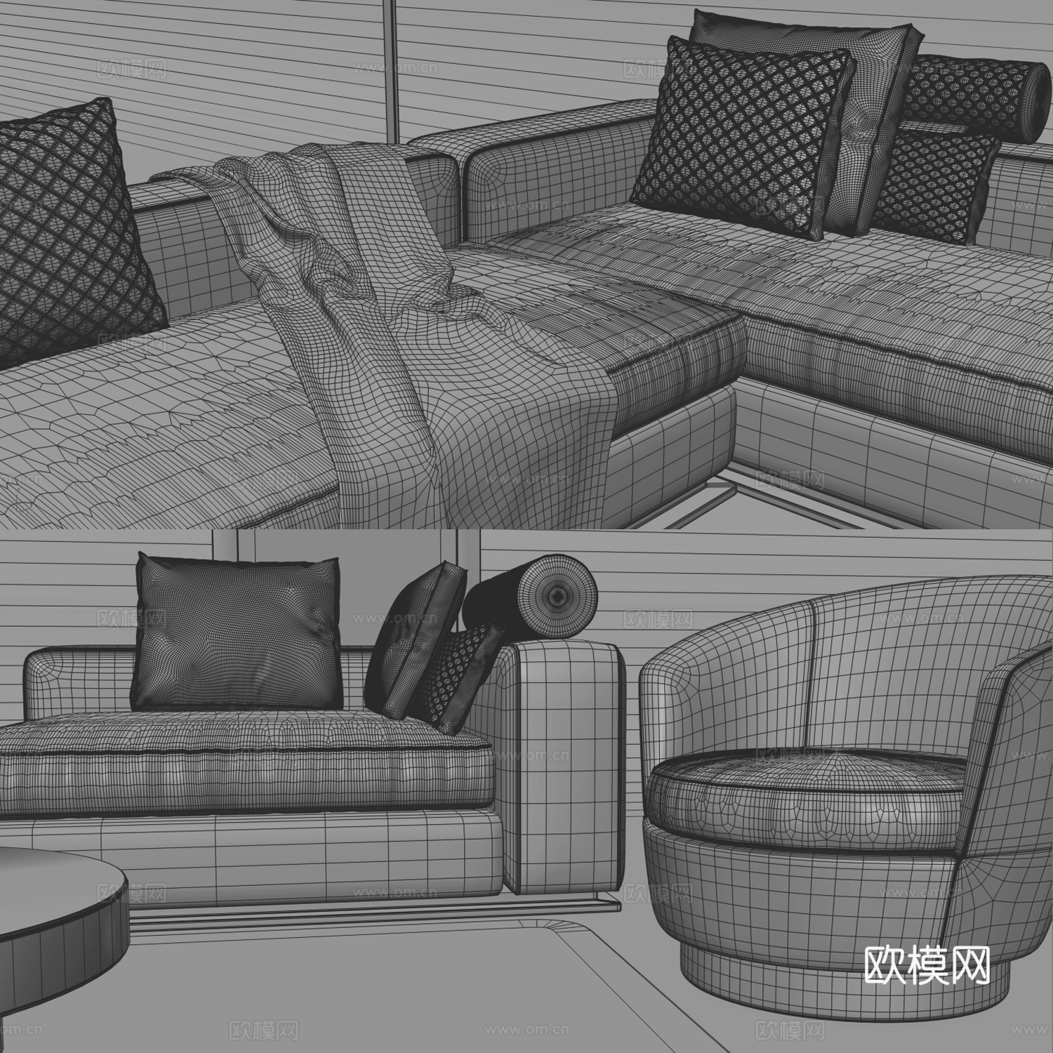 现代布艺转角沙发休闲椅茶几组合3d模型