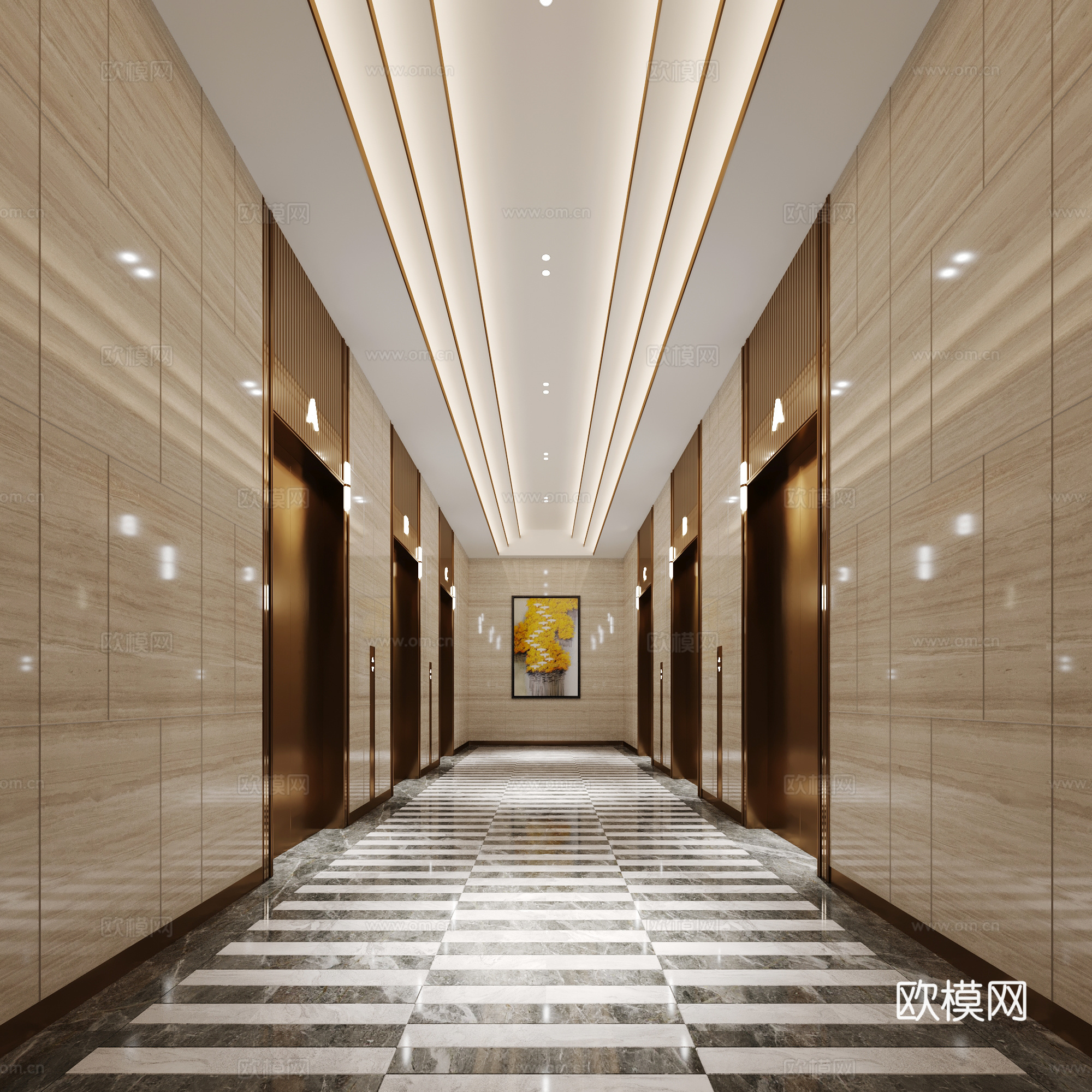 现代电梯厅 电梯 现代挂画 现代走廊 现代瓷砖3d模型下载（渲染图1）