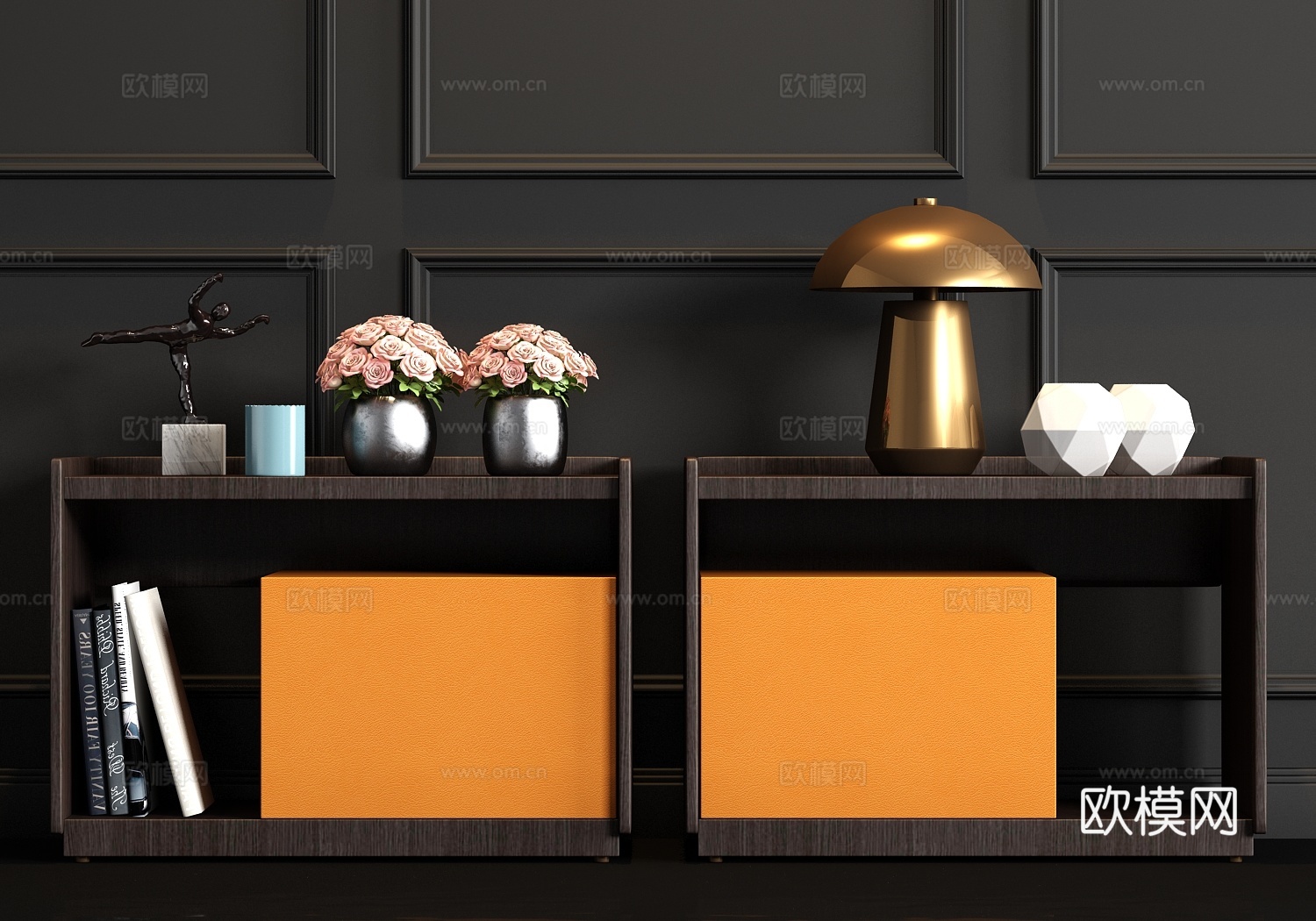 新中式实木皮革床头柜台灯饰品组合3d模型下载（渲染图2）
