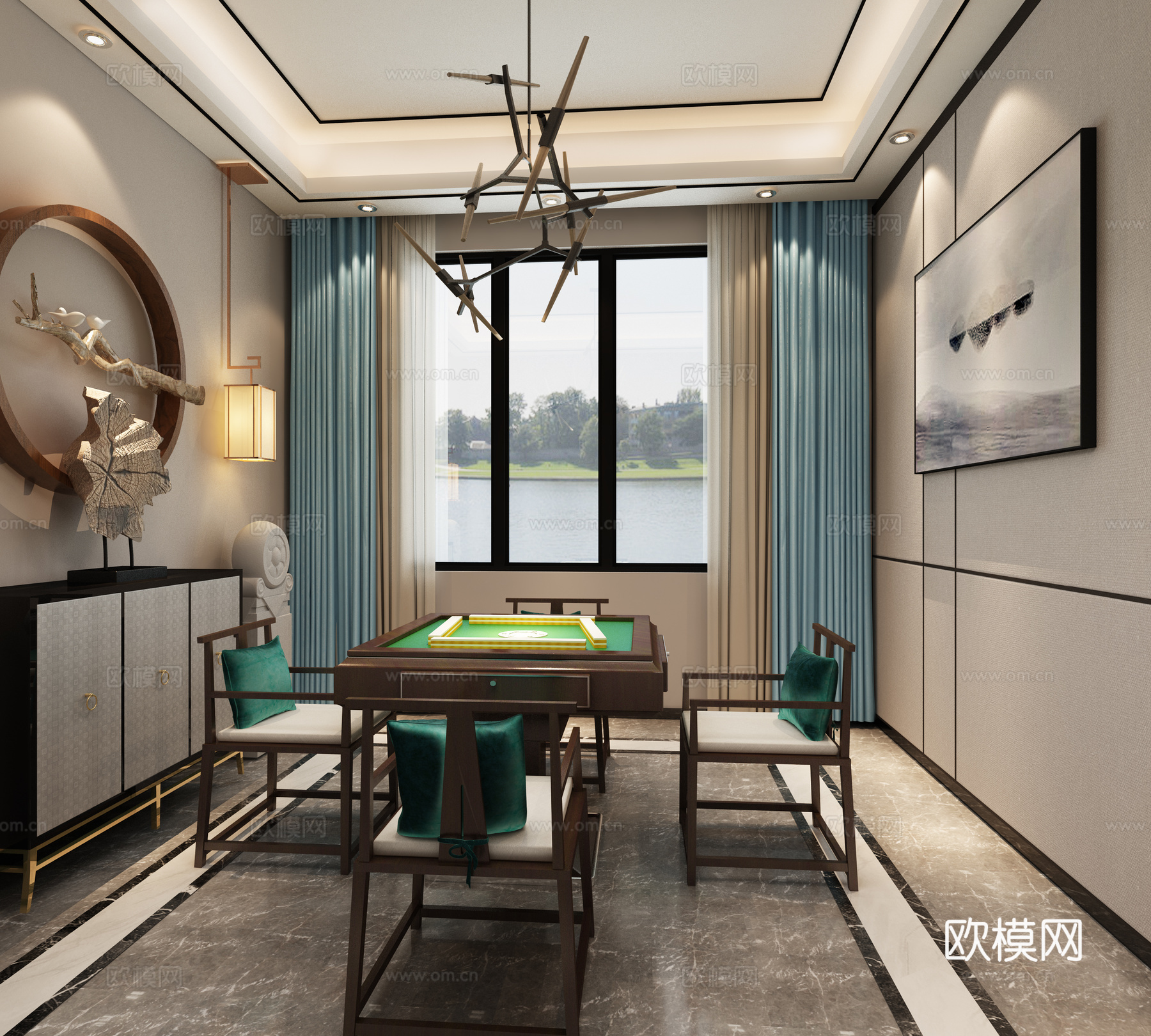 新中式棋牌室 麻将桌 吊灯 边柜 墙饰3d模型