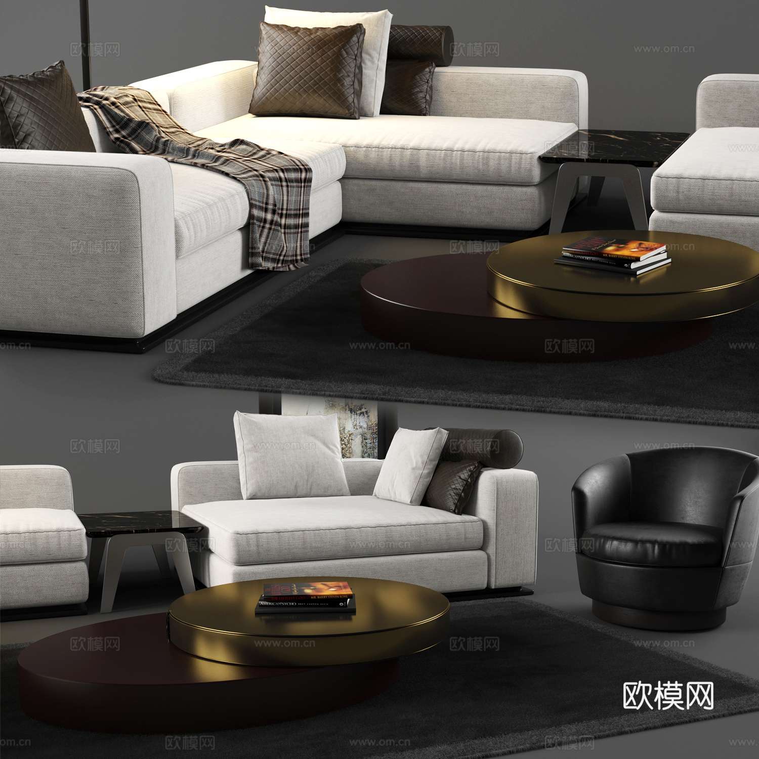 现代布艺转角沙发休闲椅茶几组合3d模型
