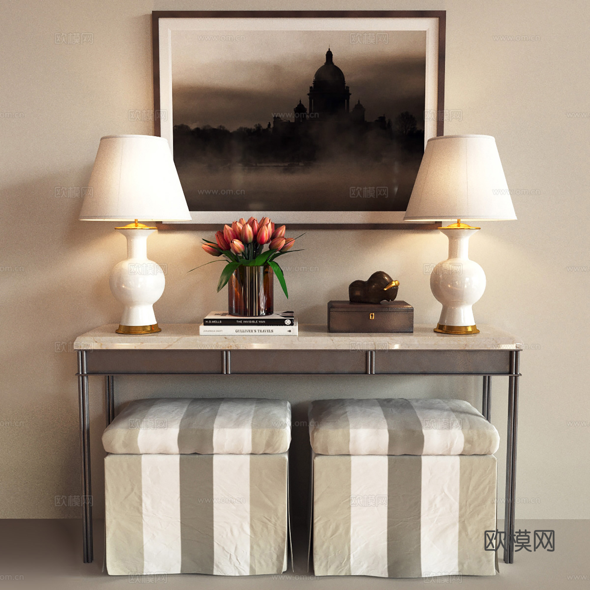 现代装饰柜 玄关柜装饰品台灯画凳子组合3d模型
