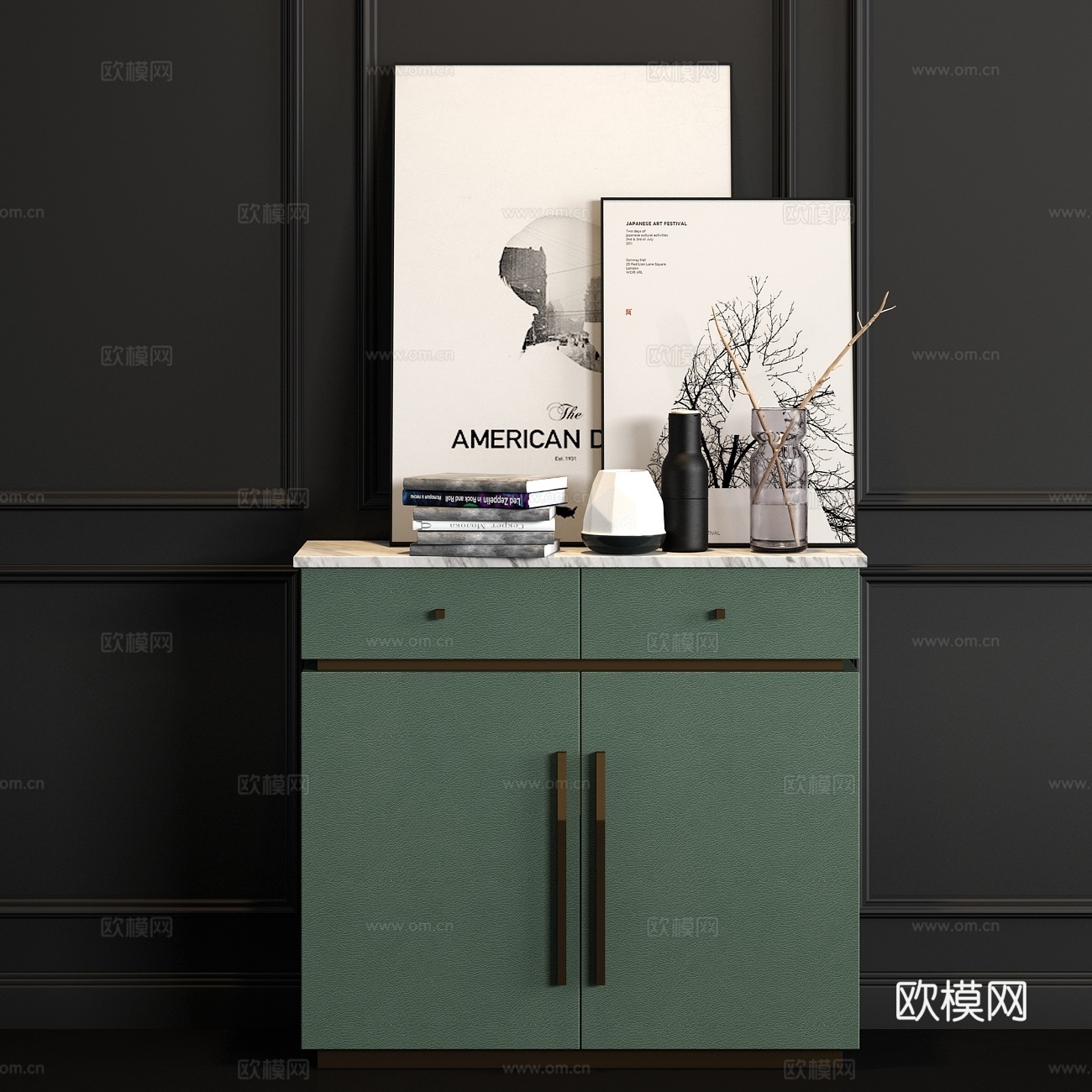 现代金属皮革端景柜饰品组合3d模型