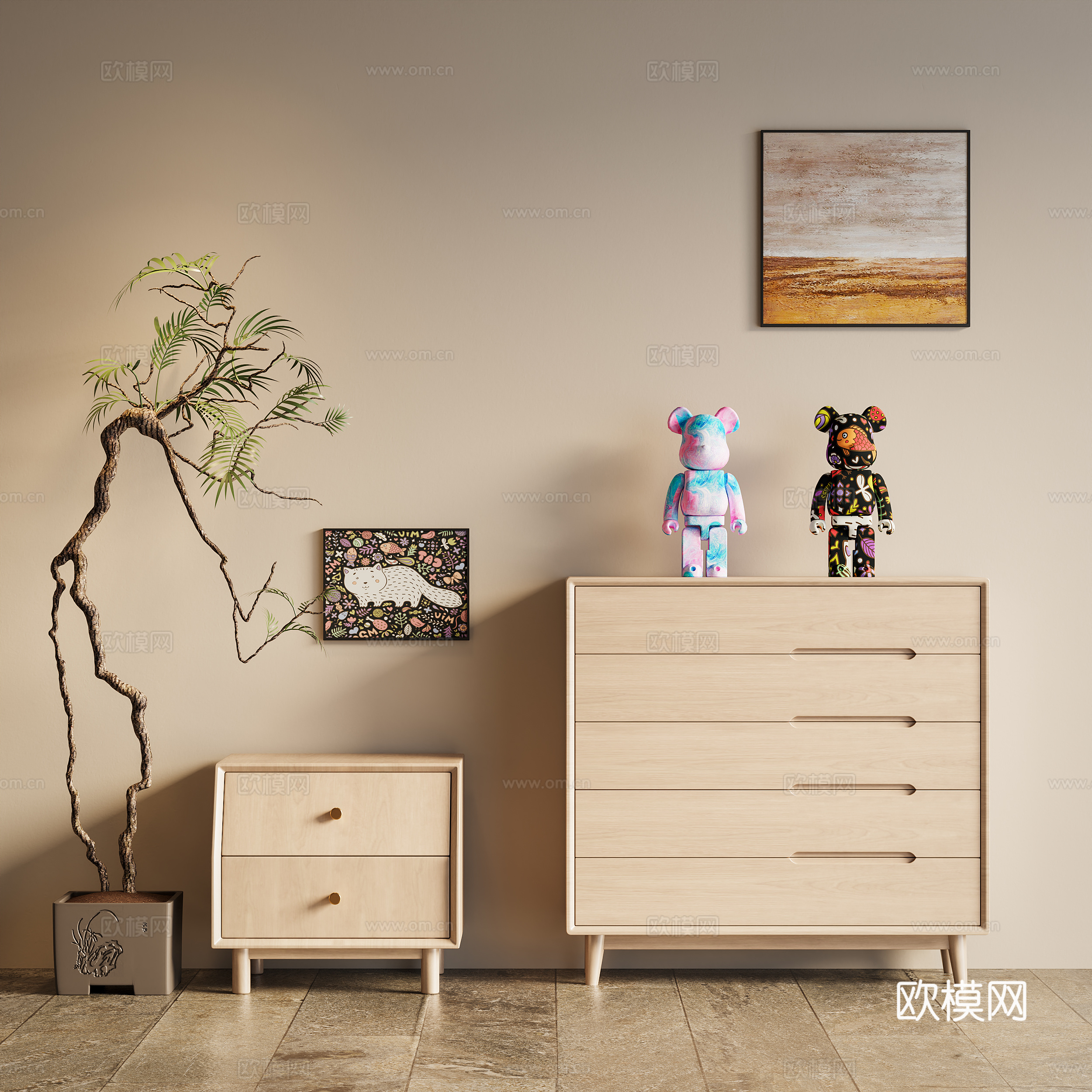 原木风装饰柜  边柜鞋柜 床头柜 盆栽绿植 手办玩具su模型su模型