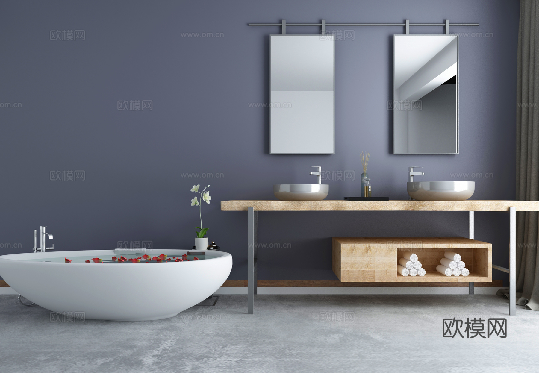 现代浴室柜组合台盆浴缸3d模型下载（渲染图1）