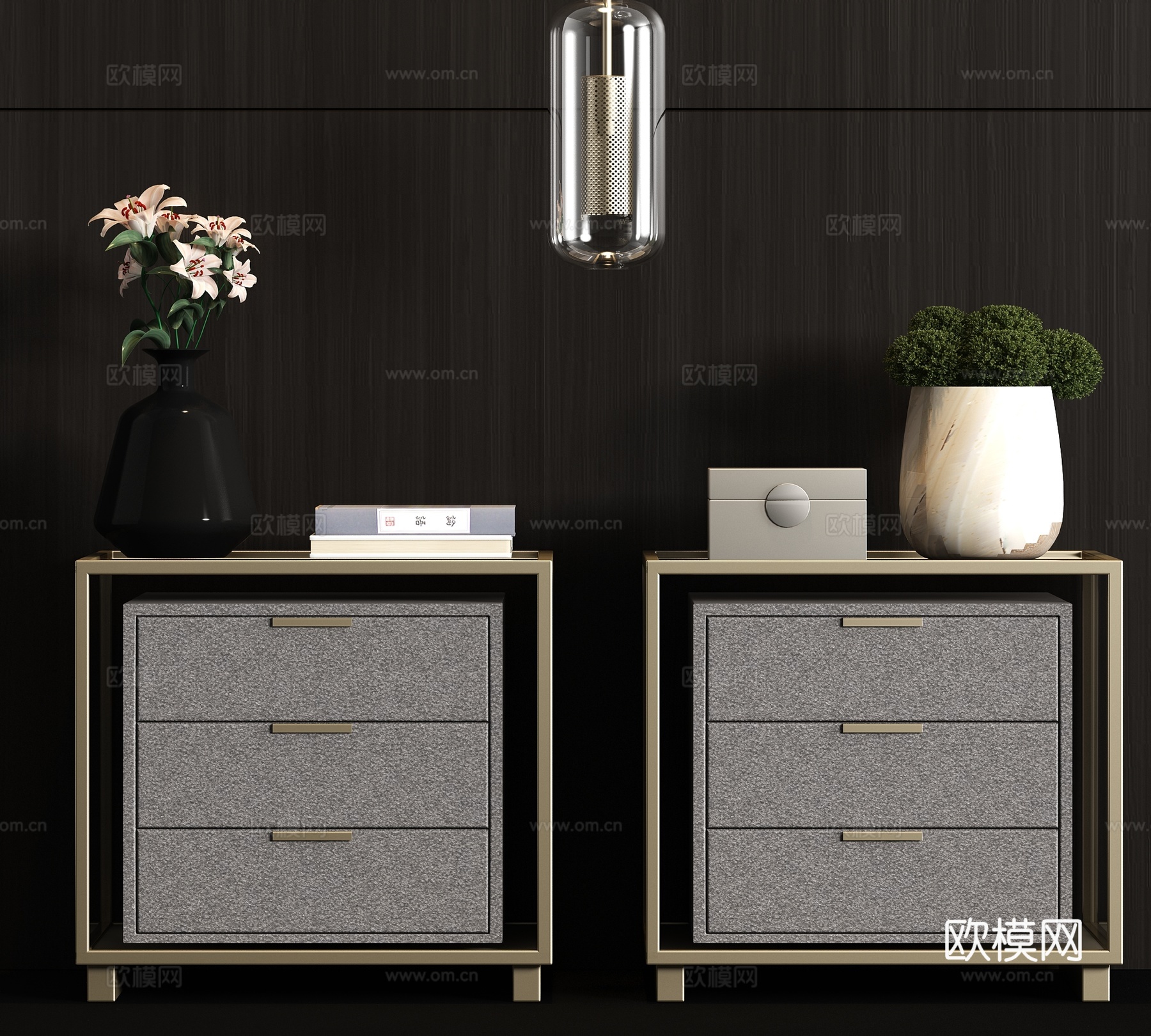 新中式金属皮革床头柜吊灯饰品组合3d模型下载（渲染图1）