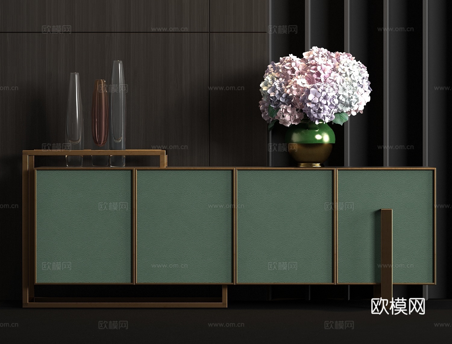 新中式金属皮革端景柜花艺饰品组合3d模型
