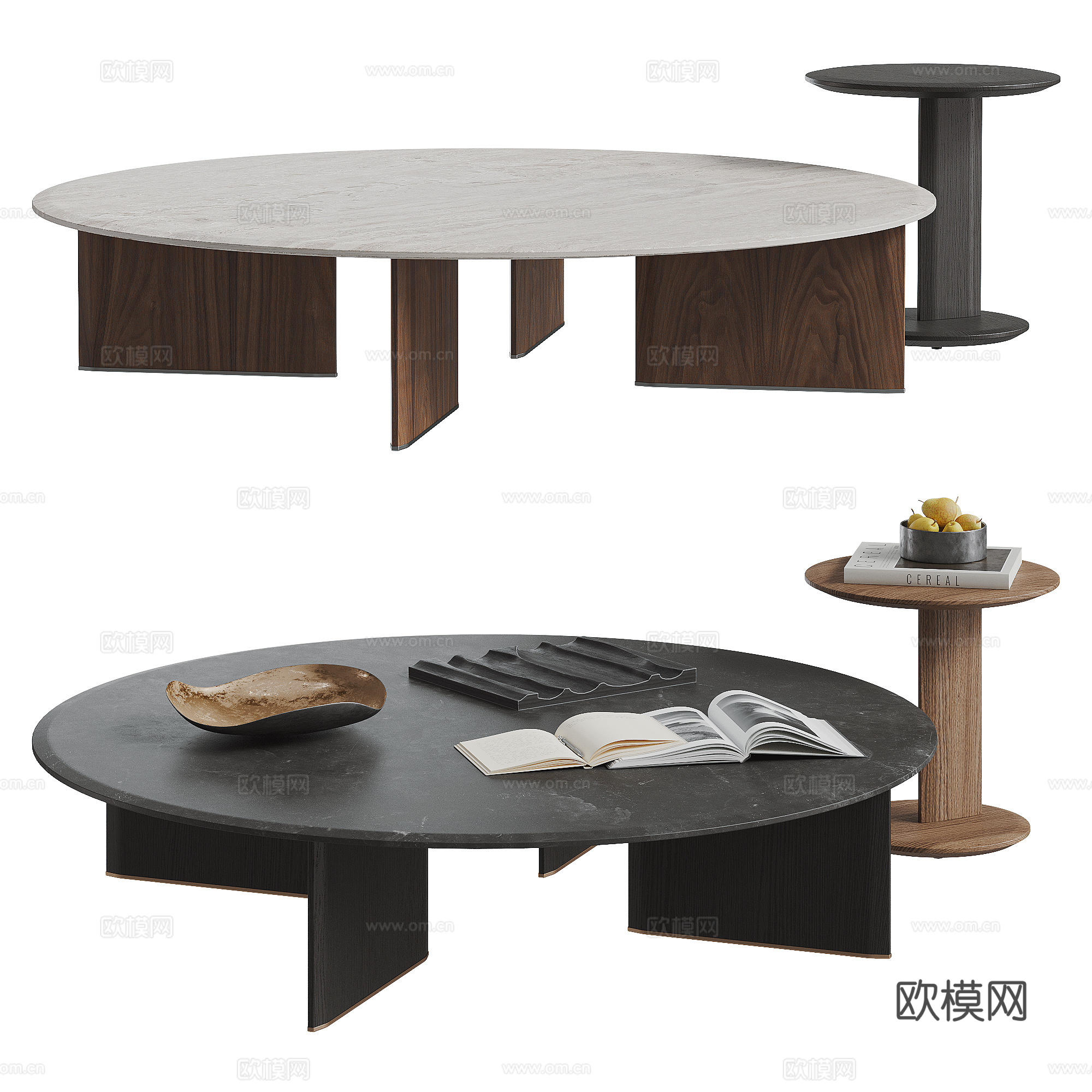 MINOTTI 现代茶几组合 圆形茶几 子母茶几 茶几摆件3d模型