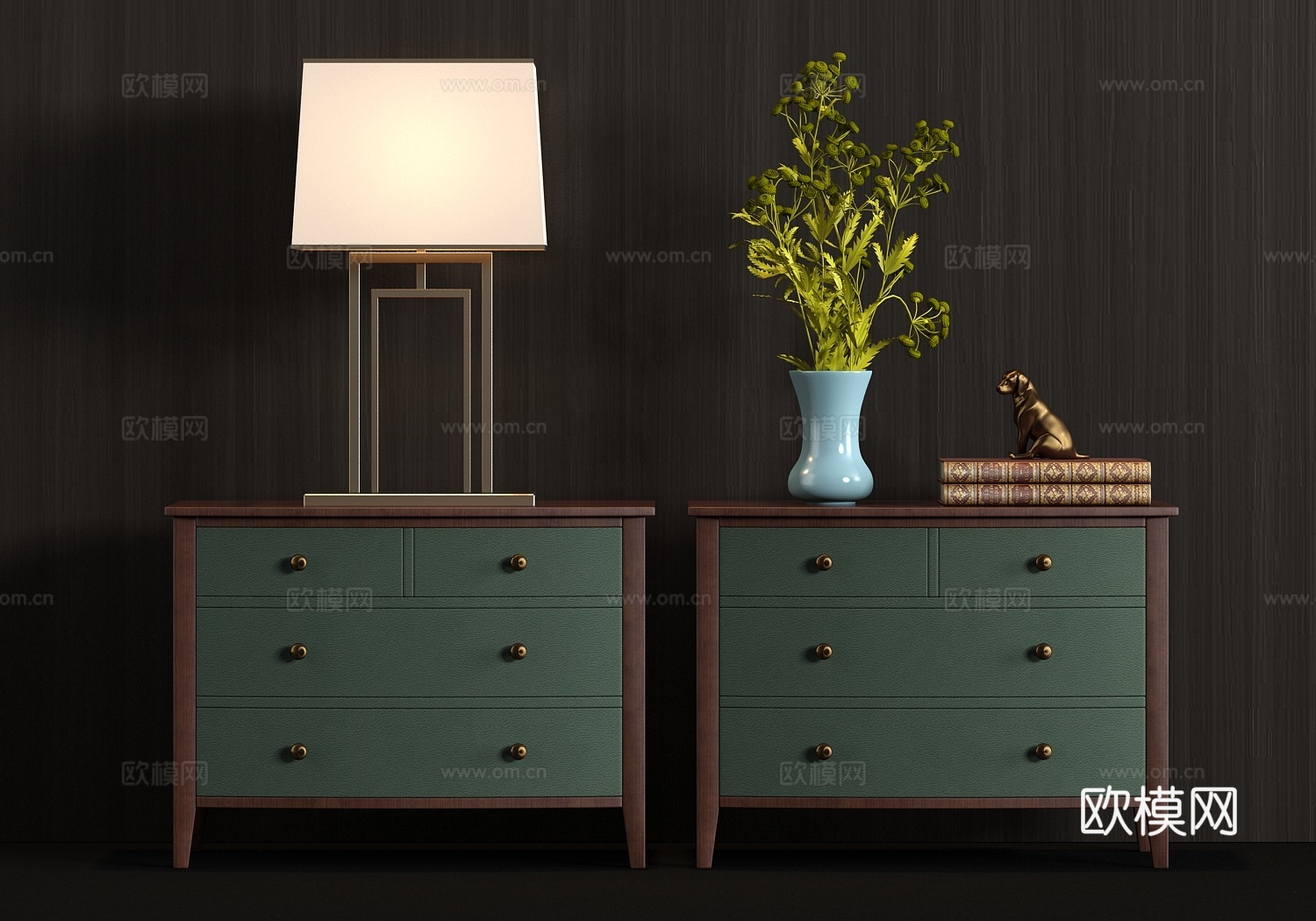新中式实木皮革床头柜台灯饰品组合3d模型下载（渲染图1）