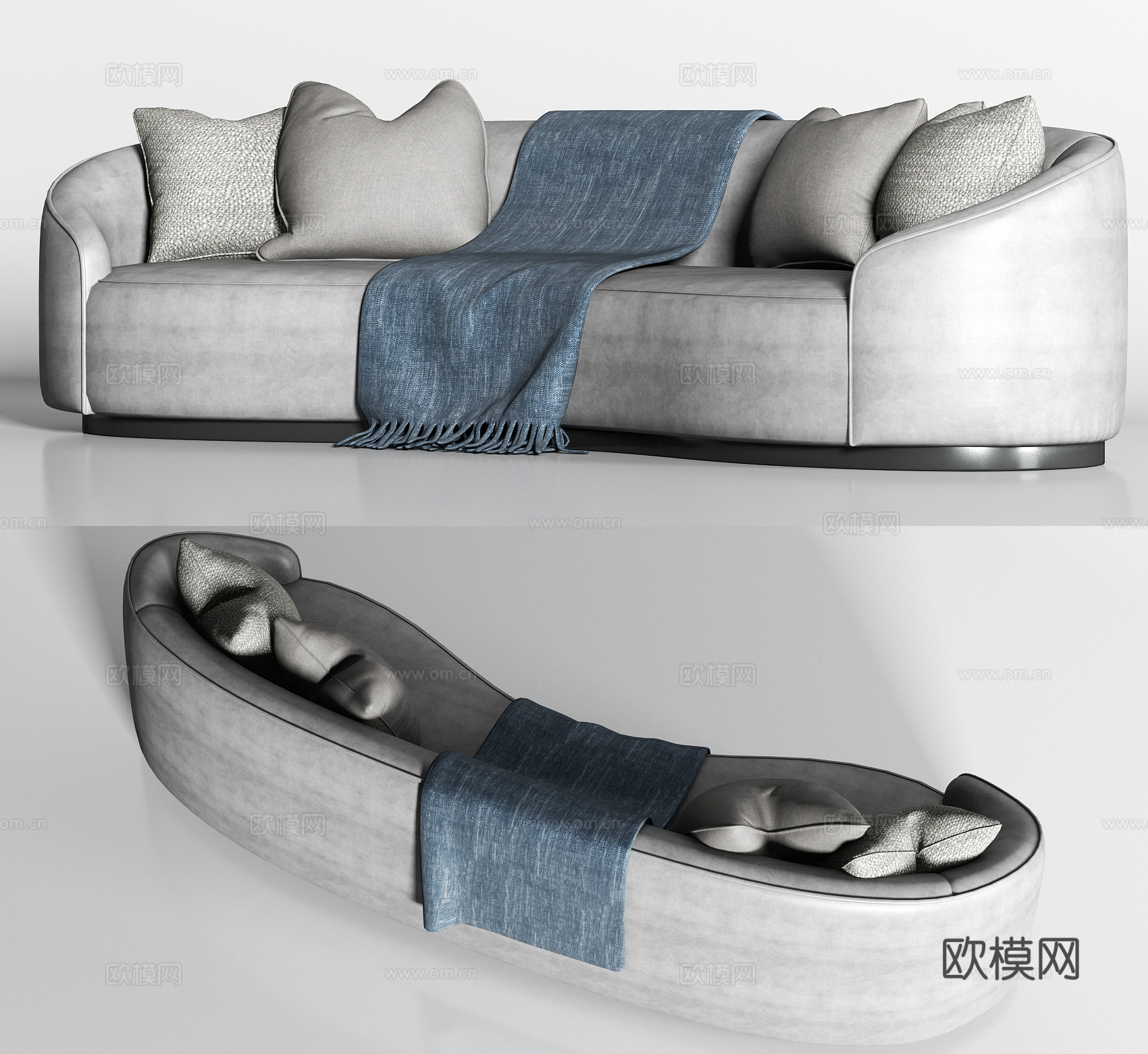现代灰色皮革弧形多人沙发枕头组合3d模型