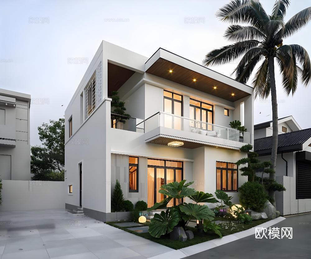 ​​现代简约别墅建筑外观 双层白墙结构 透光窗户 棕榈树景观su模型