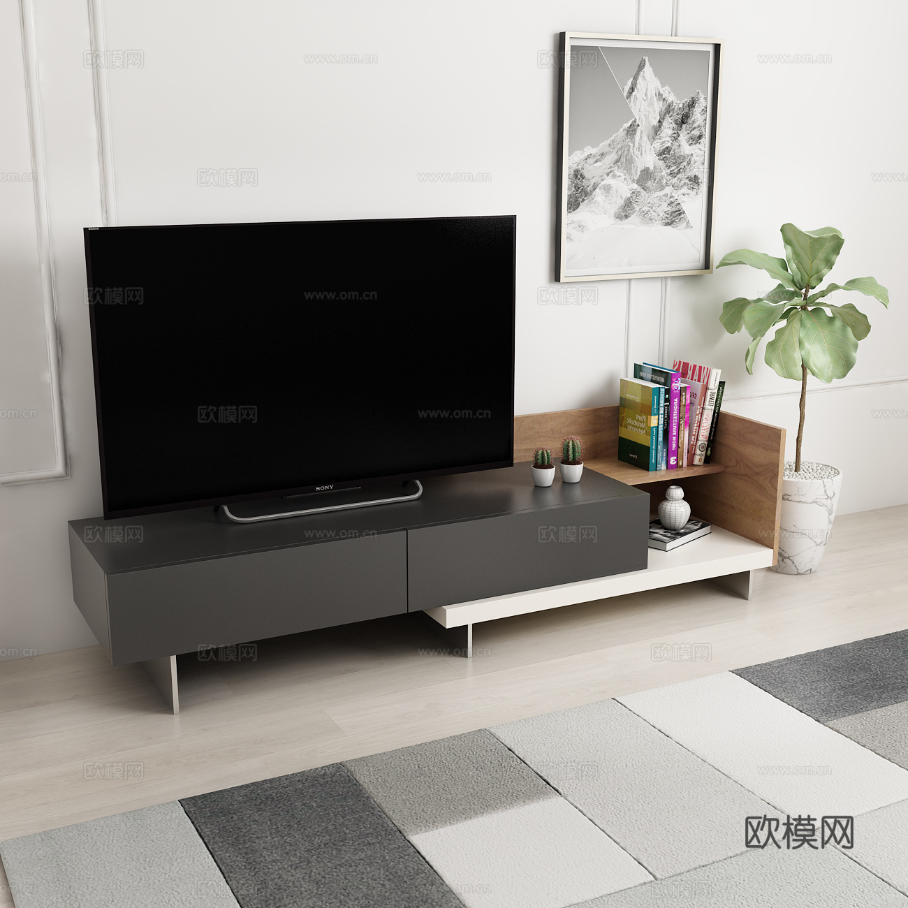 现代电视柜 绿植 挂画 饰品摆件 地毯模型3d模型