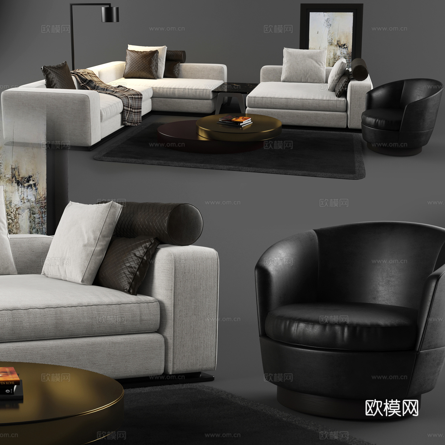 现代布艺转角沙发休闲椅茶几组合3d模型