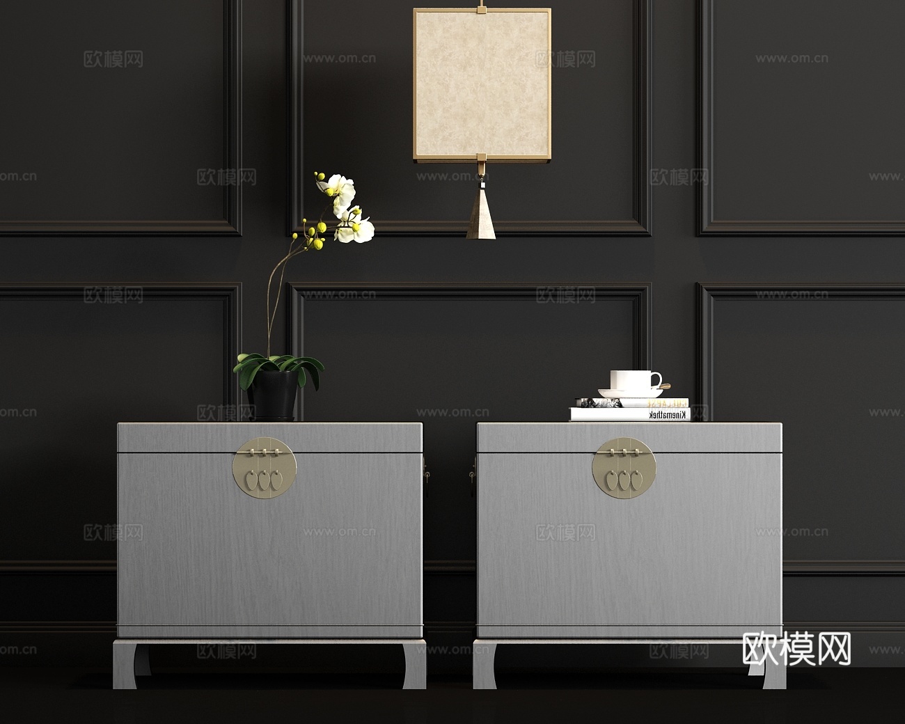 新中式实木床头柜吊灯饰品组合3d模型下载（渲染图1）