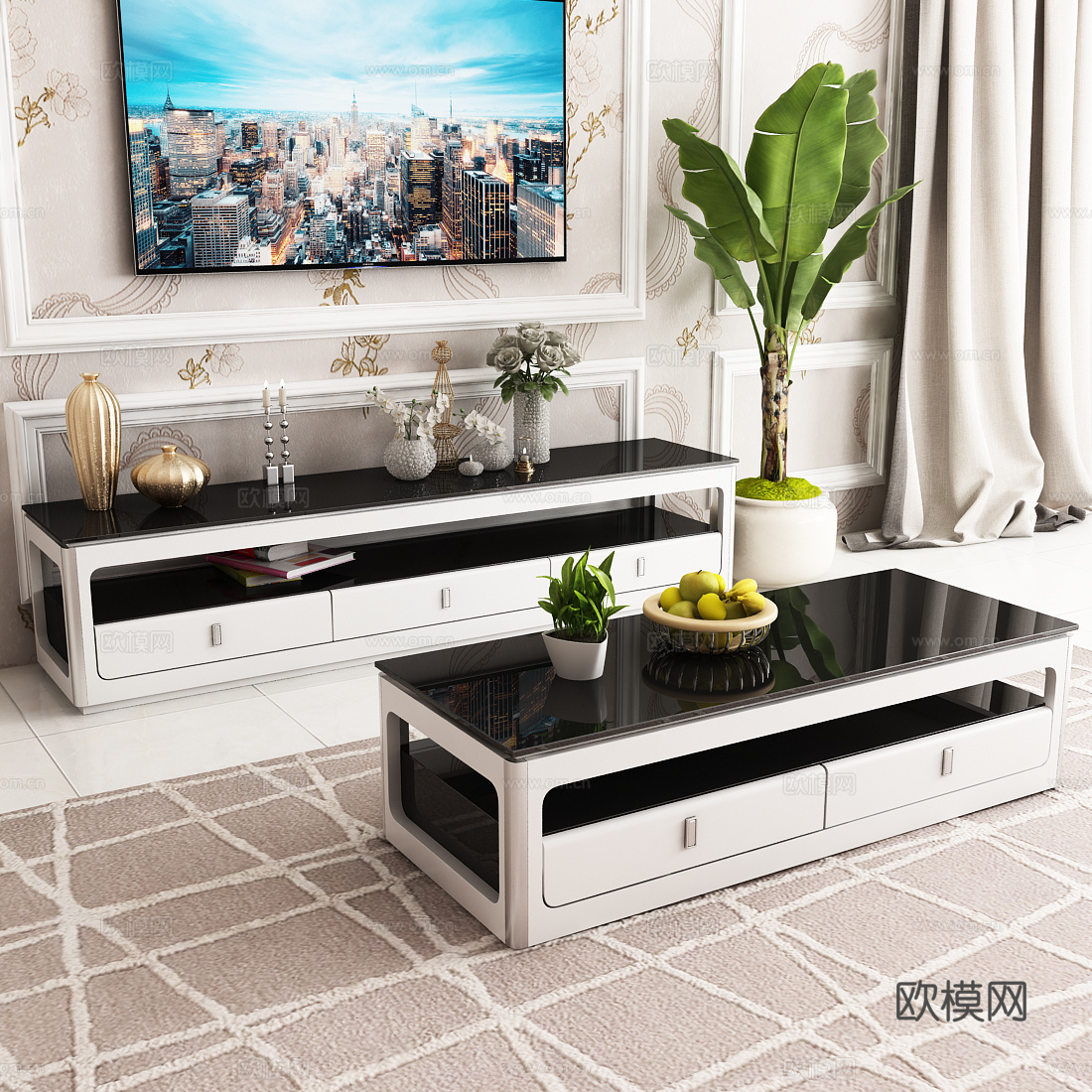 现代电视柜 茶几 绿植 电视饰品模型3d模型下载（渲染图3）