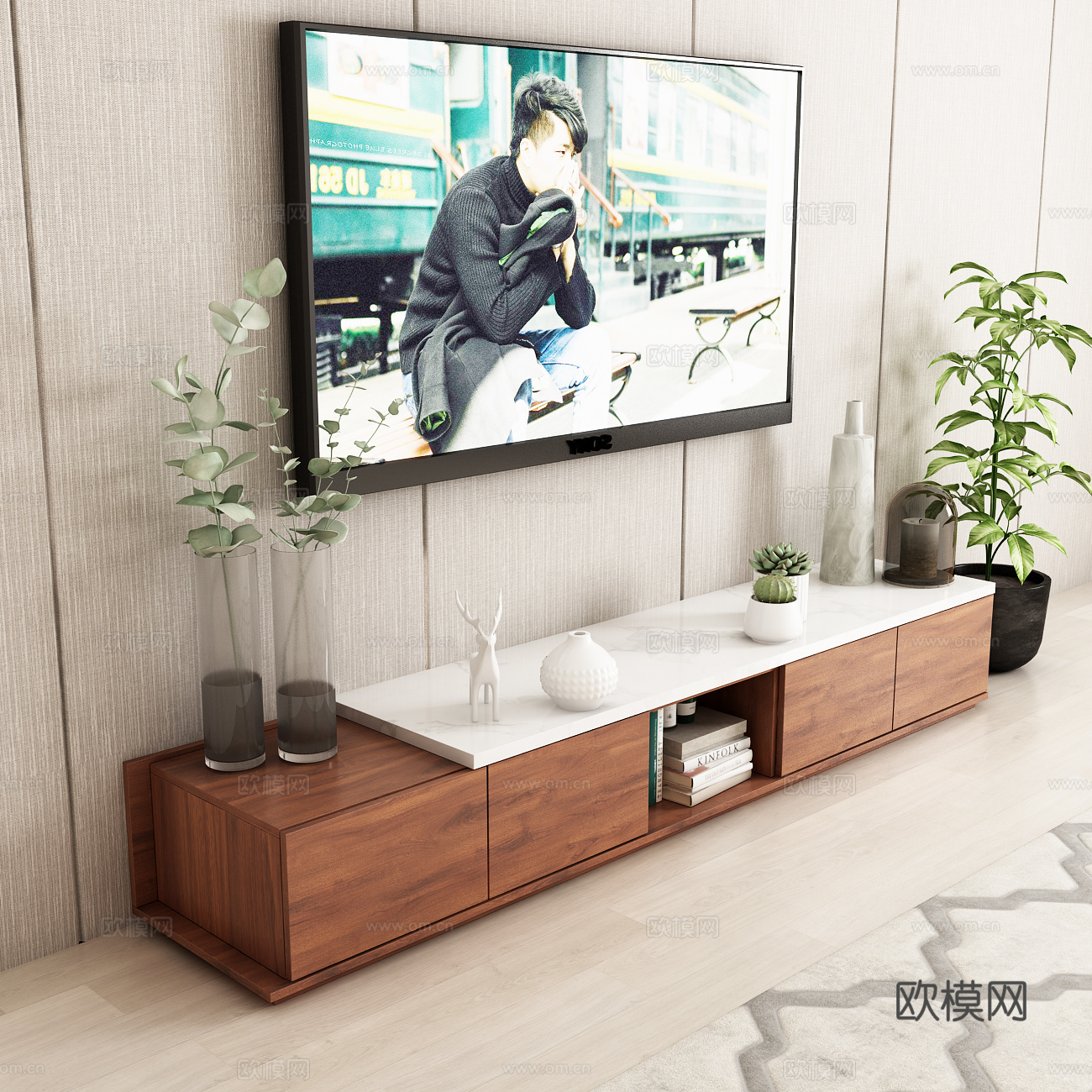 新中式电视柜 电视 绿植 书籍 饰品 地毯模型3d模型下载（渲染图3）