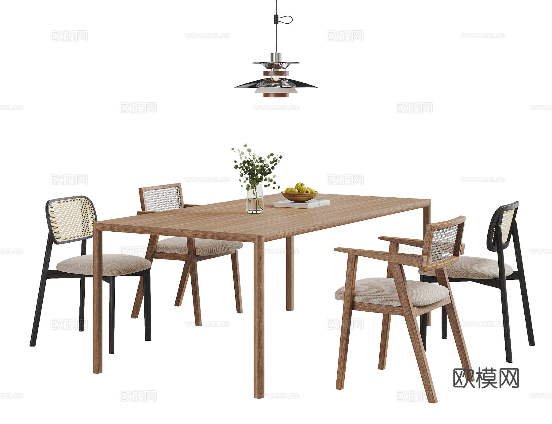 北欧原木风餐桌椅 藤编餐椅 吊灯 长方形餐桌 餐桌摆件 花瓶3d模型下载