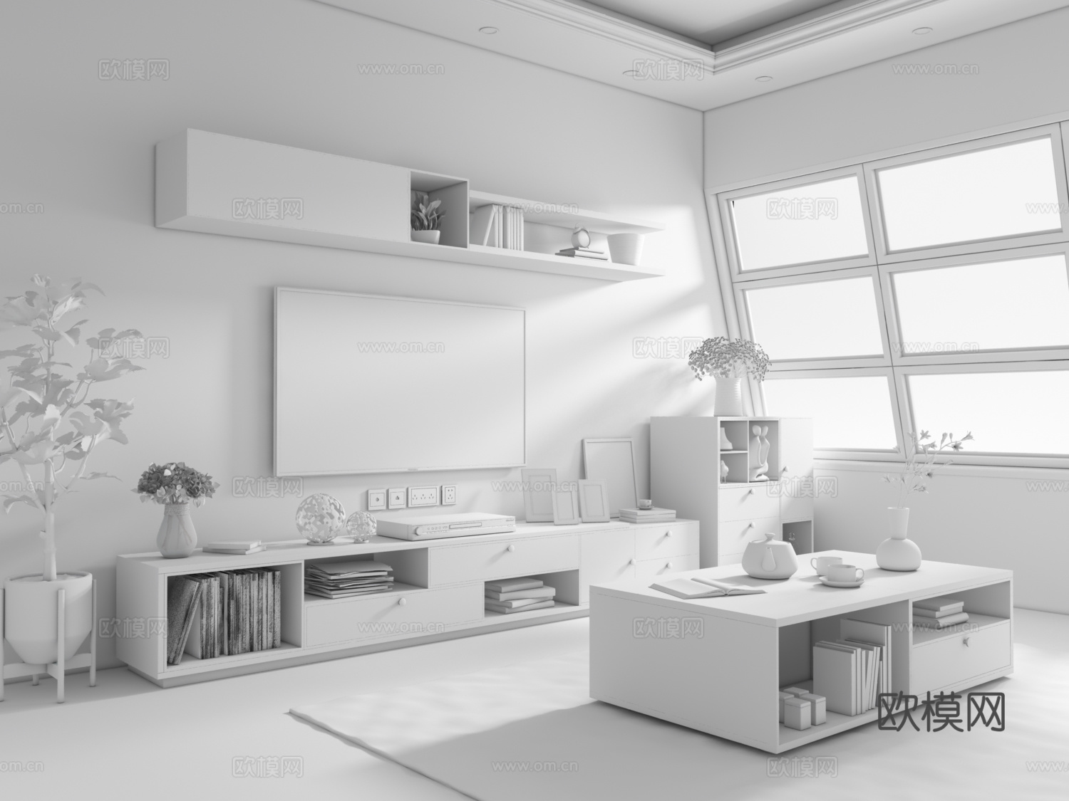 电视柜 盆栽 窗户 组合柜 现代电视柜 北欧电视柜 电视3d模型下载（渲染图2）