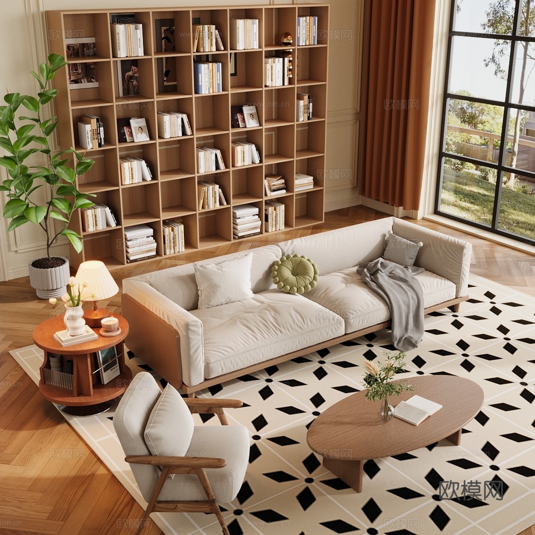 原木风沙发组合 客厅沙发茶几组合 中古风客厅 中古风多人沙发3d模型下载