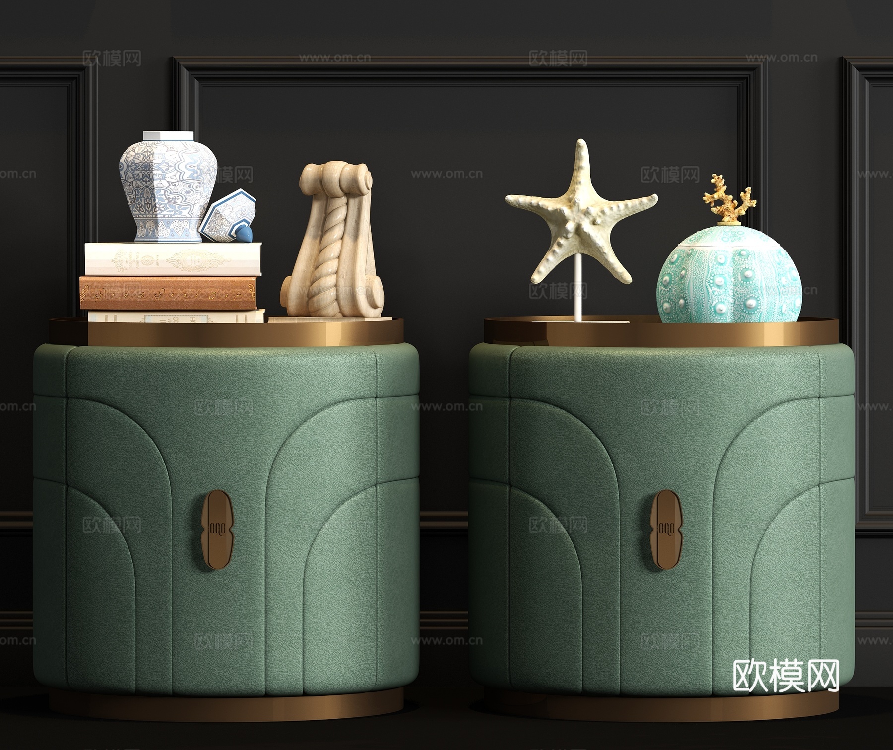 新中式金属皮革圆形床头柜饰品组合3d模型下载（渲染图1）