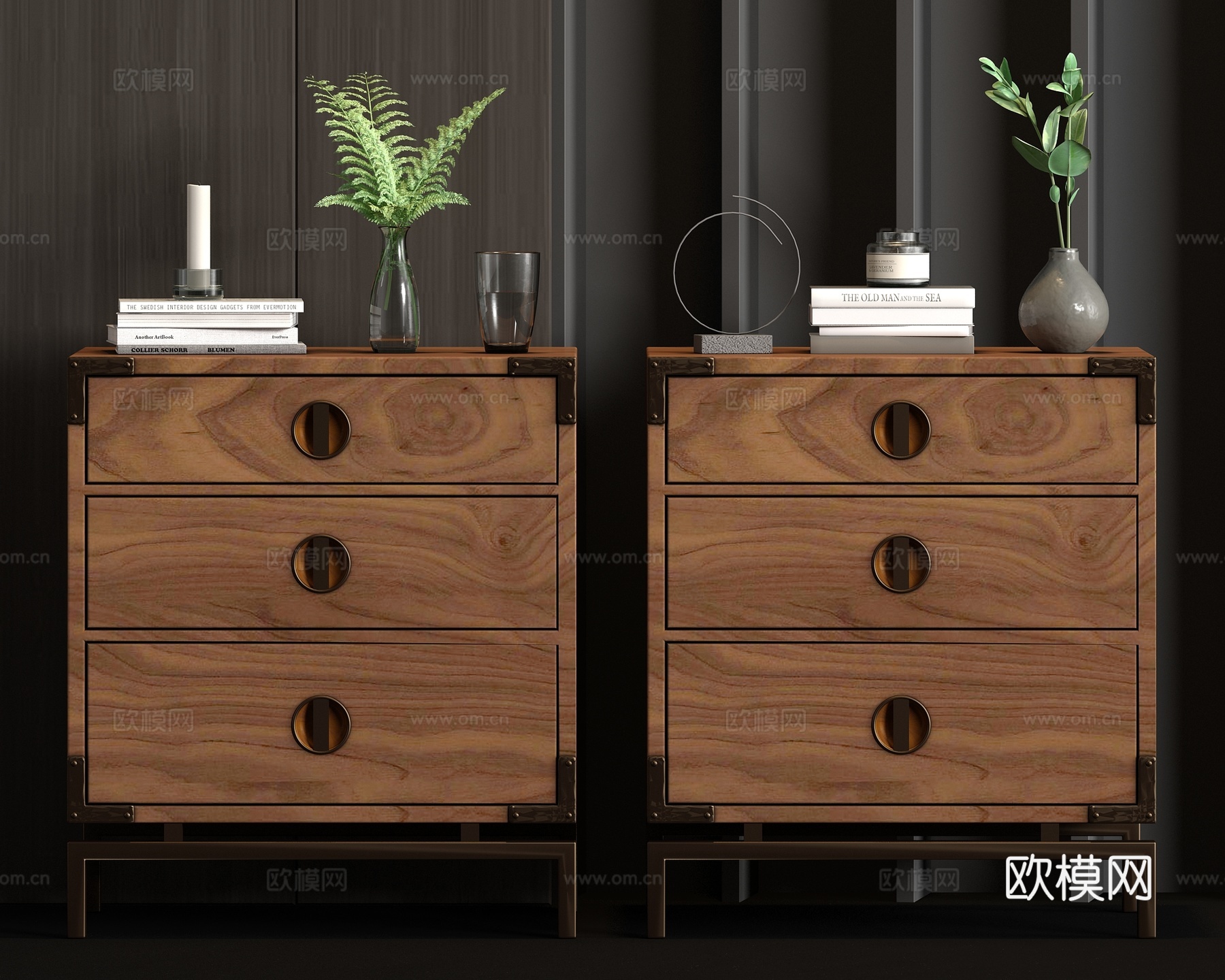 新中式金属实木床头柜饰品组合3d模型下载（渲染图1）