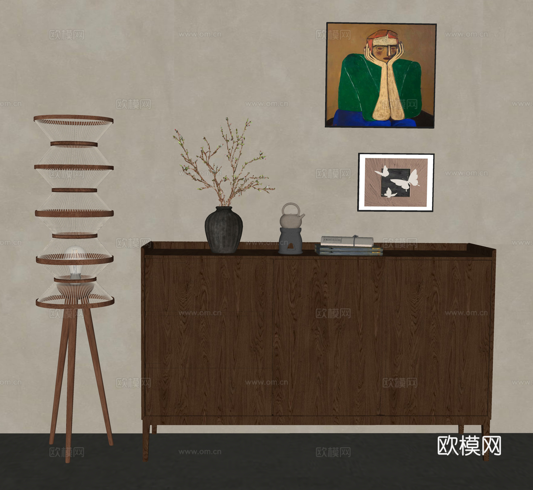 中古风边柜  装饰柜 落地灯挂画组合  陶瓷插花su模型