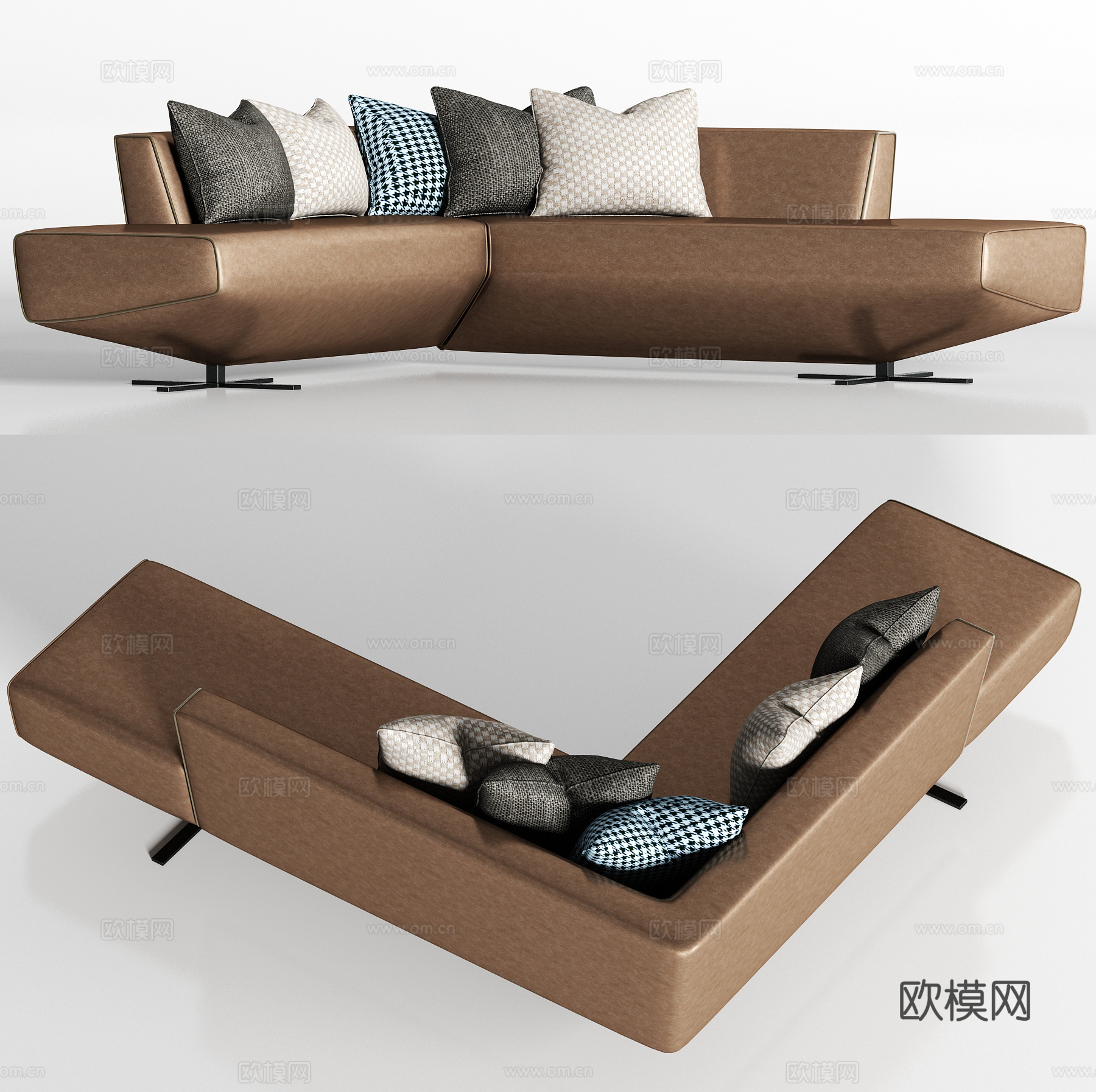现代皮革转角多人沙发枕头组合3d模型