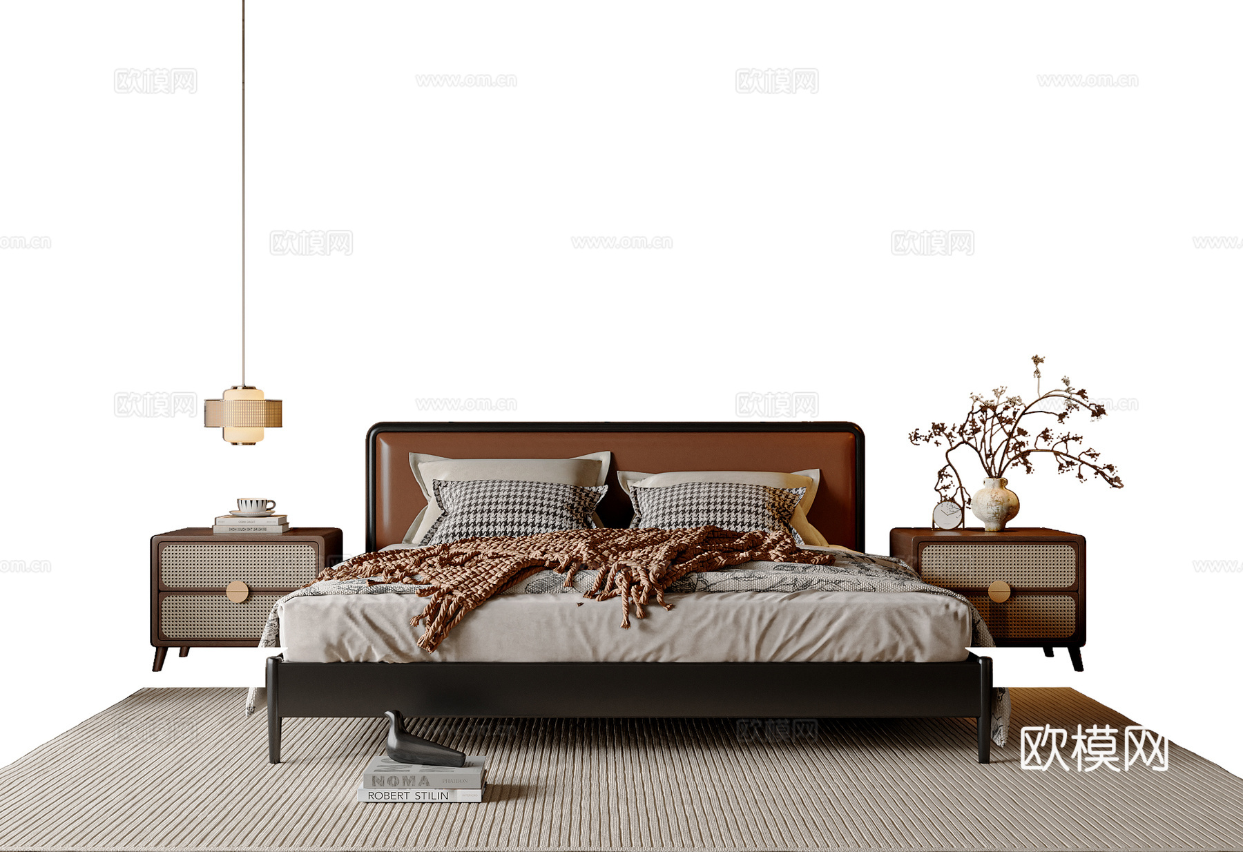 中古风双人床 布艺双人床 床头柜 吊灯3d模型下载