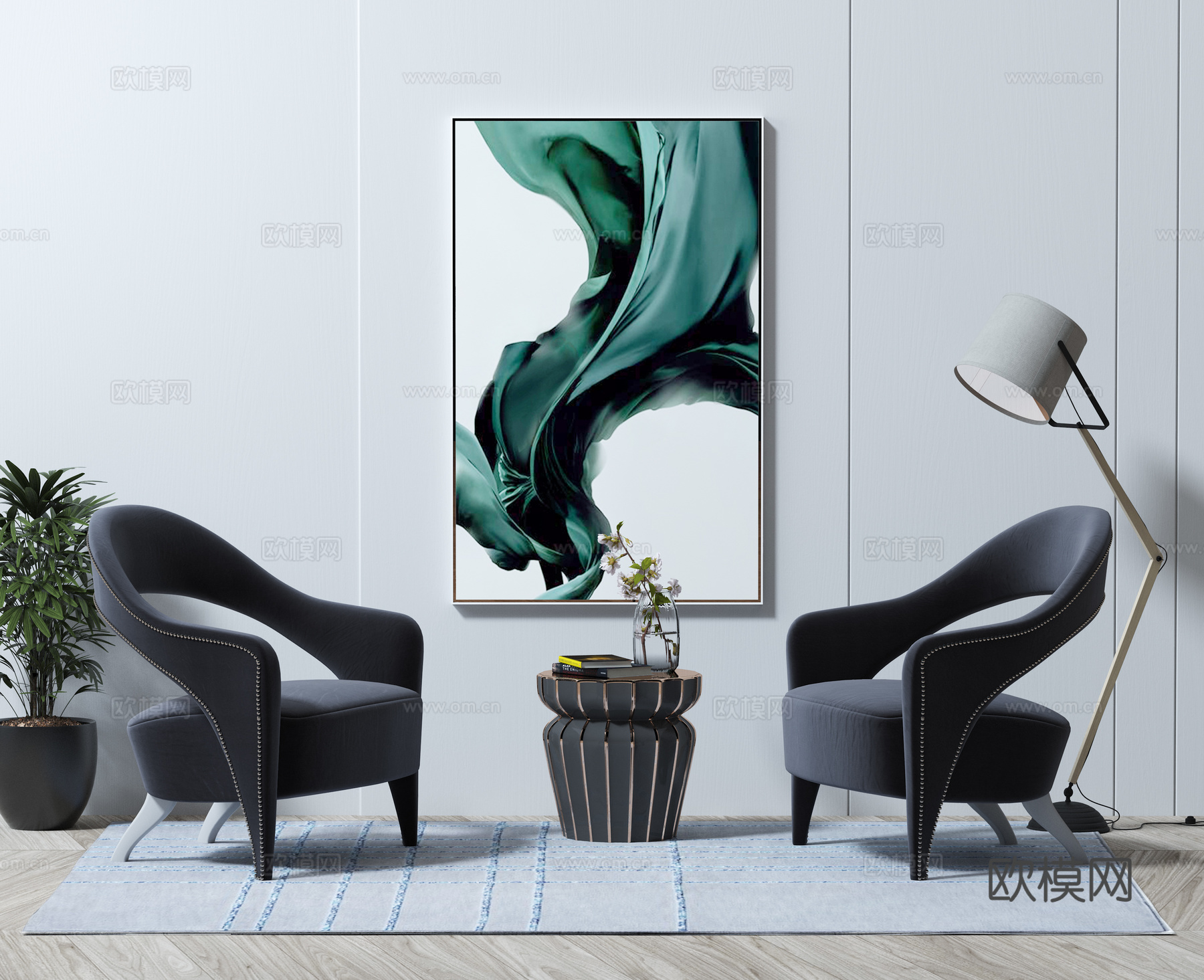 新古典单人椅茶几挂画组合3d模型