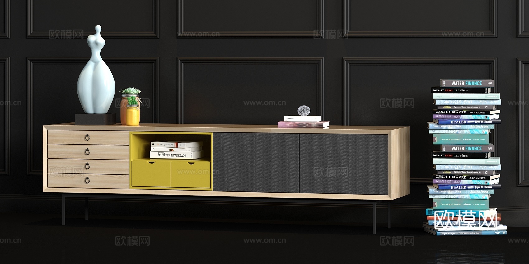 现代实木皮革电视柜书箱饰品组合3d模型下载（渲染图2）