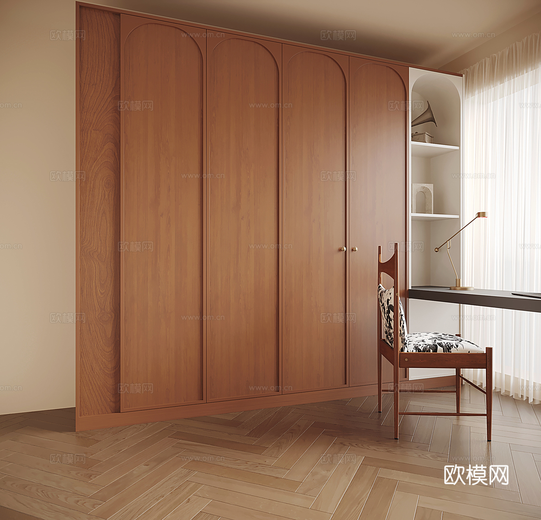 中古风书桌衣柜一体柜 实木椅 书桌 衣柜su模型
