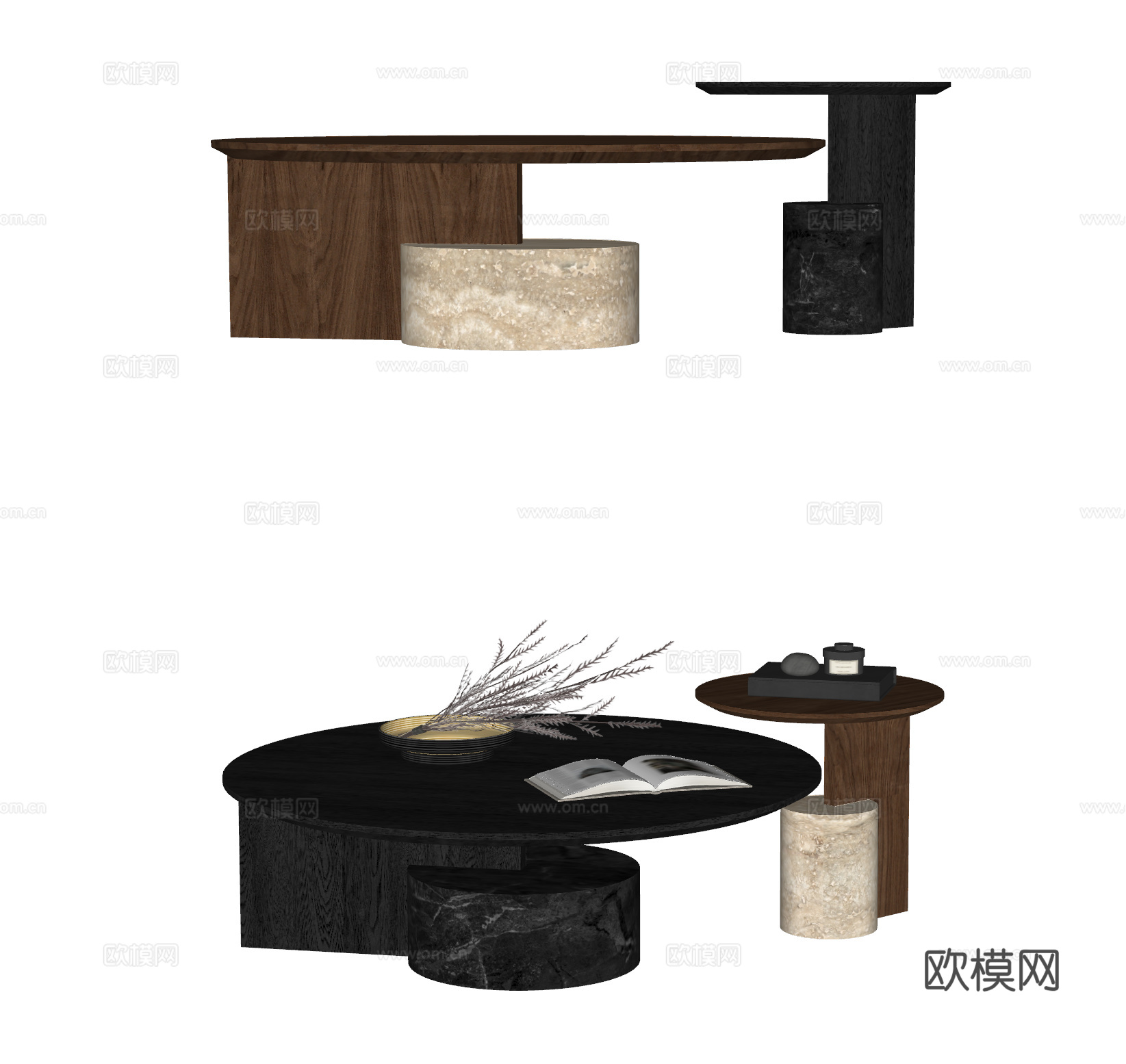 CASSINA 现代茶几组合 木茶几 石材茶几 子母茶几su模型