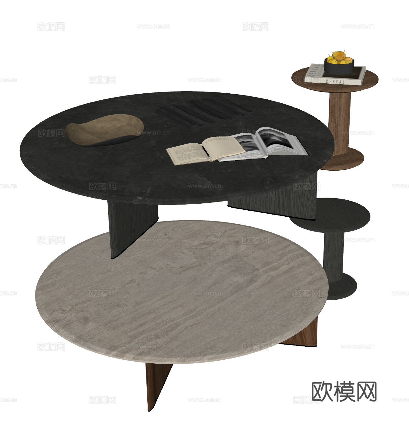 MINOTTI 现代茶几组合 圆形茶几 子母茶几 茶几摆件su模型