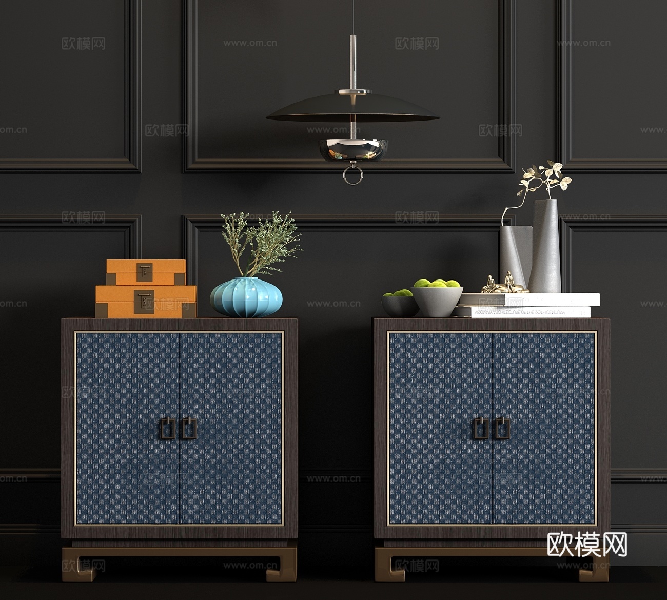 新中式实木床头柜吊灯饰品组合3d模型下载（渲染图1）