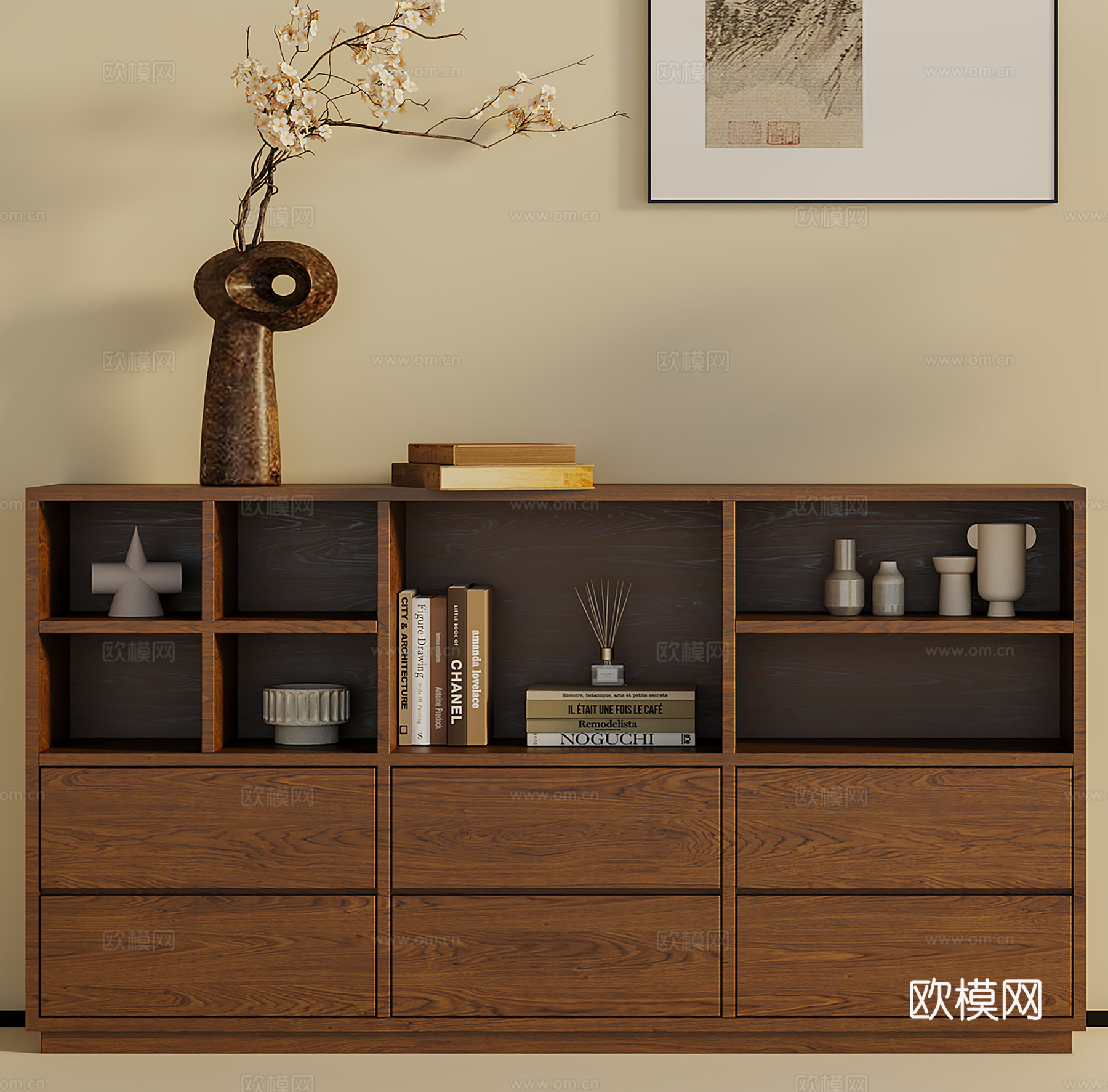 中古风储物柜  装饰柜边柜  插花挂画落地灯  书籍摆件su模型
