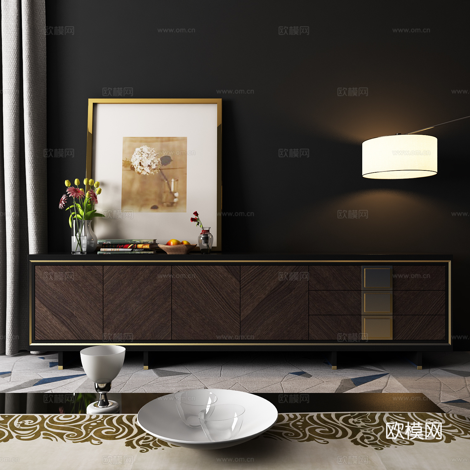 新中式电视柜 边柜 挂画 饰品模型3d模型