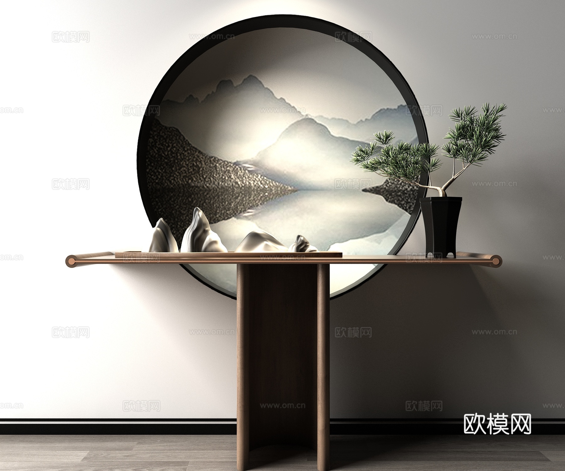 新中式玄关柜雕塑盆景组合3d模型