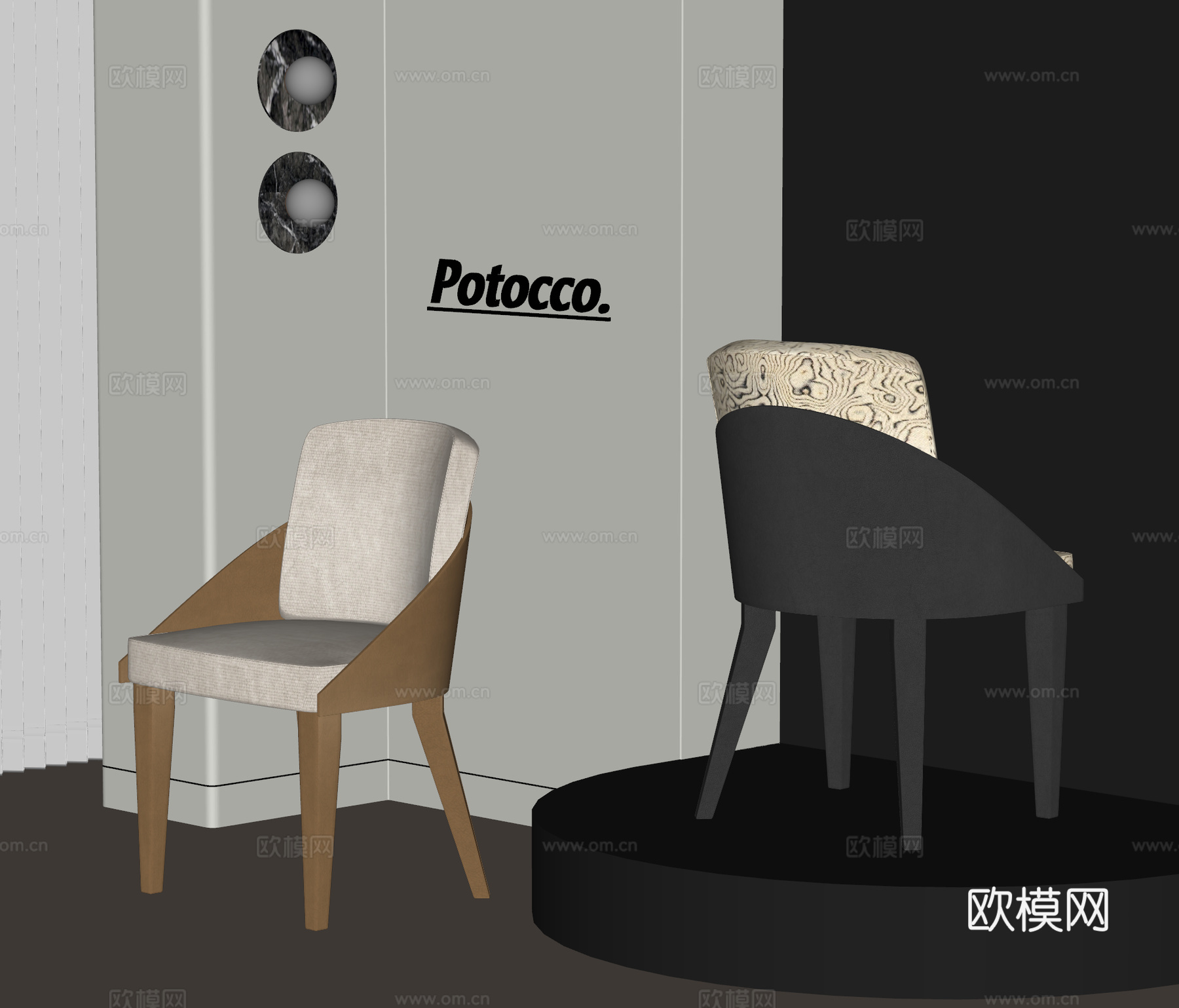 POTOCCO现代意式餐椅组合 皮餐椅 布艺餐椅su模型