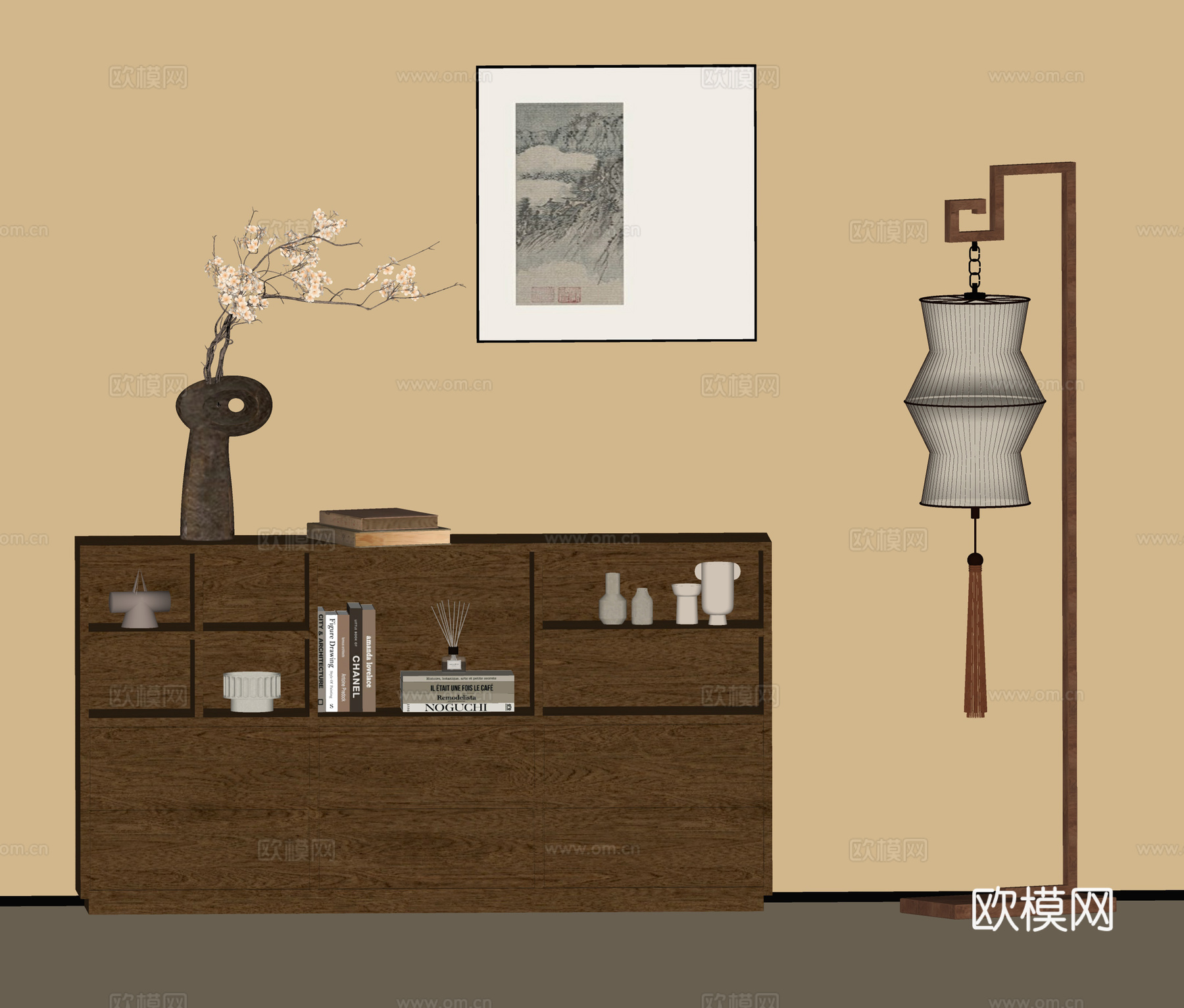 中古风储物柜  装饰柜边柜  插花挂画落地灯  书籍摆件su模型
